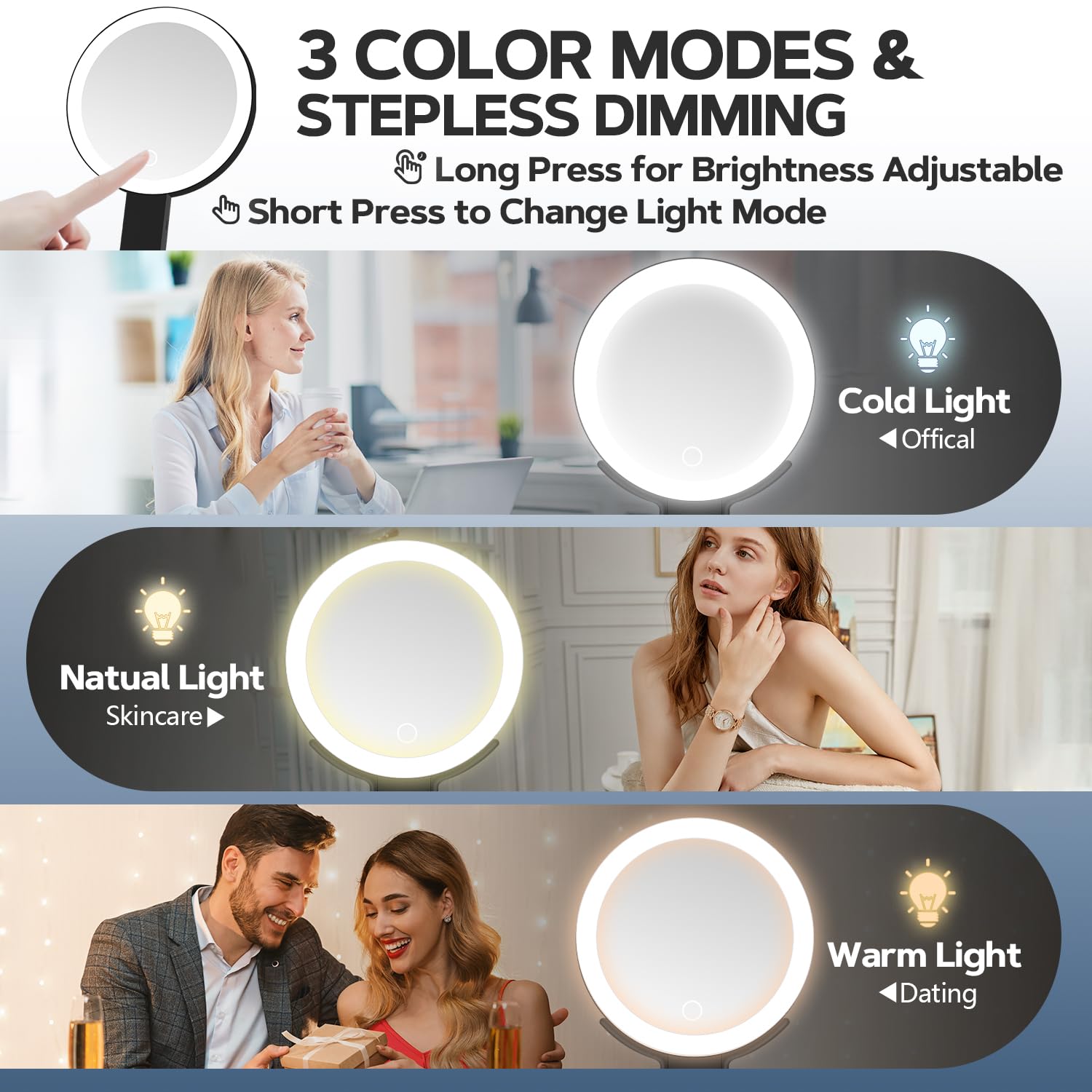 MIYADIVA Specchio per il trucco illuminato, specchio ingranditore 30X con luce, specchio da appendere e portatile con manico, nero