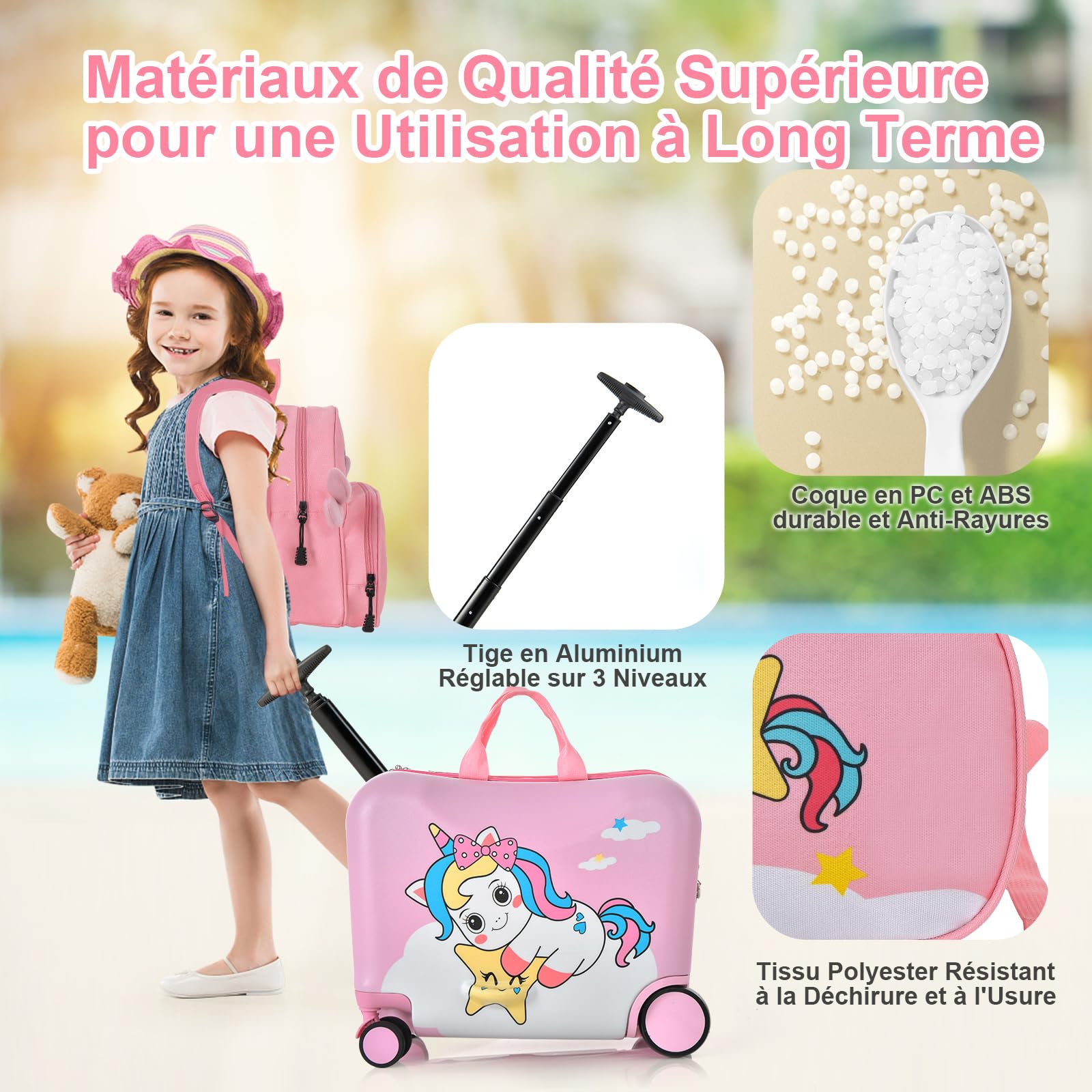 COSTWAY Valise Enfants à roulettes 18” avec Sac à Dos 12”, Bagages à Main pour Voyage avec Roues Coque Imperméable Poignée Rétractable pour Enfants de 3 Ans+ Charge 50KG+8KG (Rose Licorne)