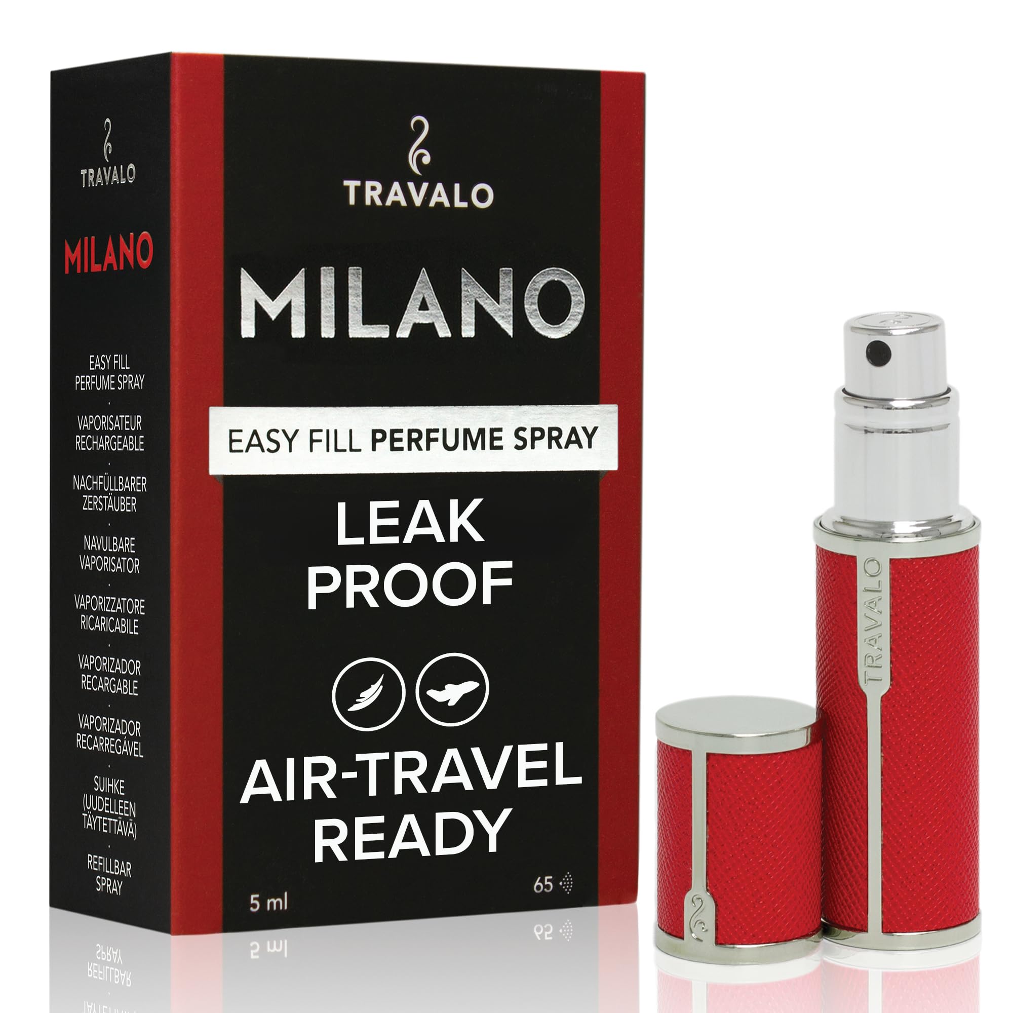 Travalo Milano Perfume Atomizer - Leak-Proof and TSA Approved for Air Travel - Reusable, Airtight, Easy Fill Mini Pump Sprayer - Lightweight, Vegan Leather with Polished Metal Outer Shell - Red