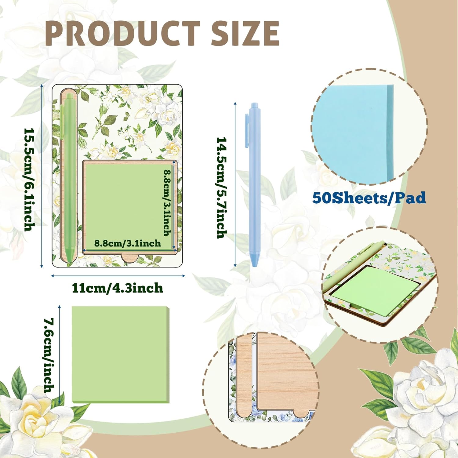 36 Pcs Flowers Wooden Sticky Note Holder Set Gifts for Mother Day Teacher Appreciation Gifts with Notes and Ballpoint Pens Floral Sticky Notes Notepad Holder Thank You for Coworker Employee