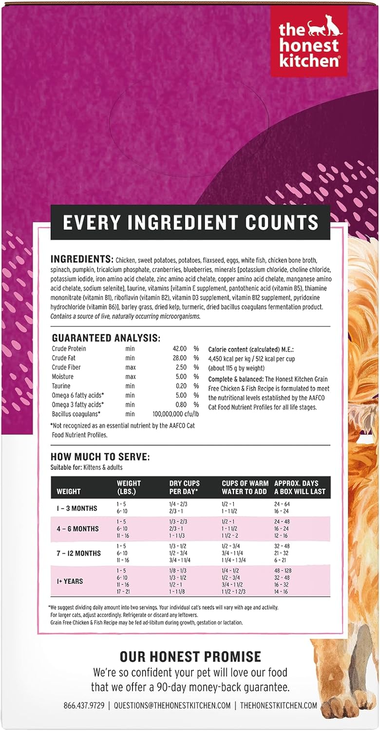 The Honest Kitchen Human Grade Dehydrated Grain Free Chicken & Fish Cat Food - Complete & Balanced Meal or Topper - 4 lb Box