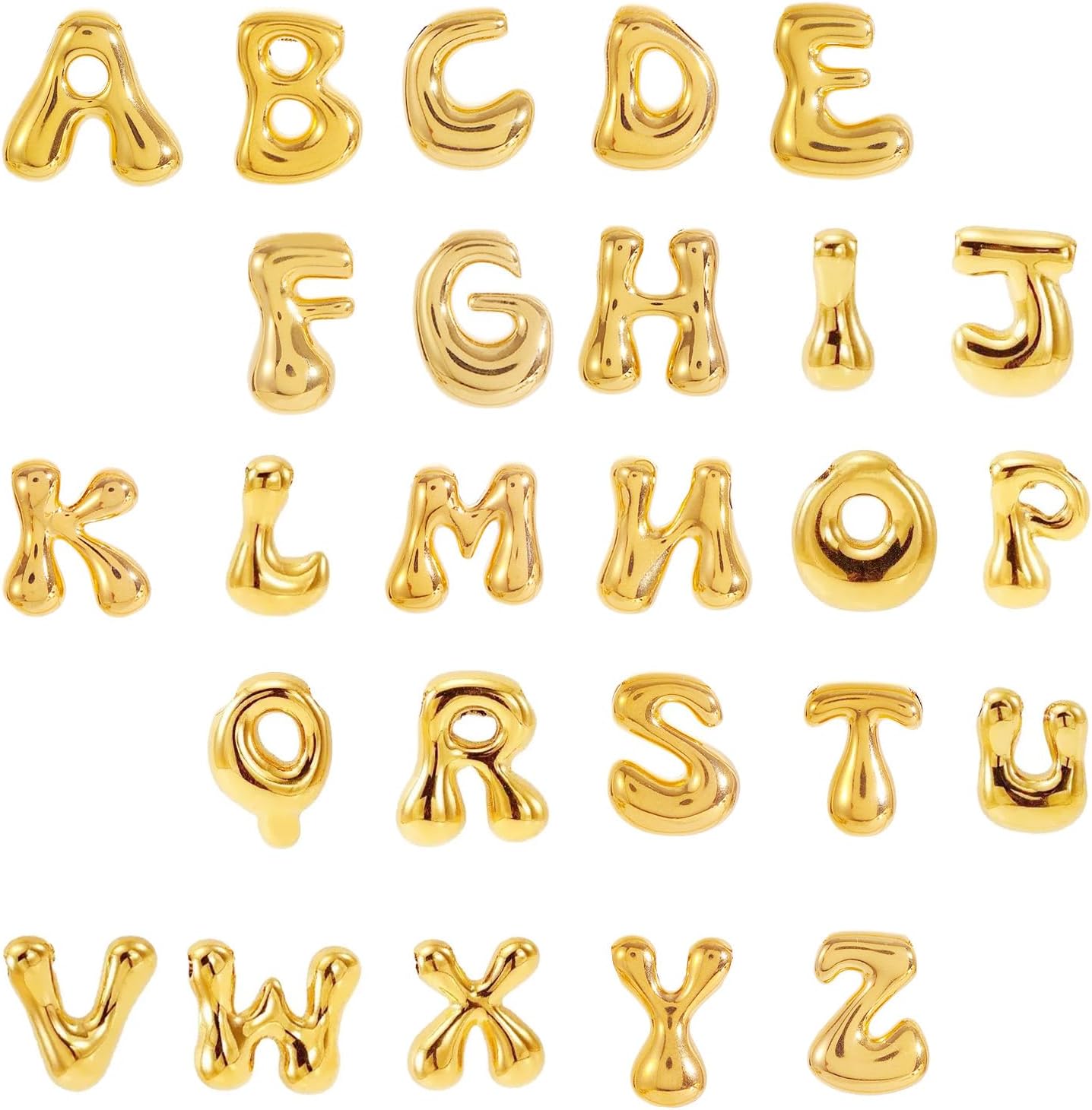 stino No Tarnish Bubble Letter Charms for Jewelry Making, 18K Gold Plated, 26 Pieces A-Z, Alphabet Initial Pendants for Necklace, 17mm