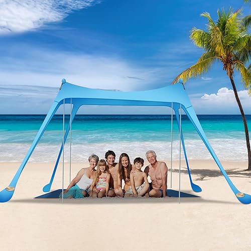 Upgarded - Toldo de playa con protección solar UPF 50+UV, toldo desplegable para exteriores, 10 x 10 pies con manta de playa4 postes de aluminio,