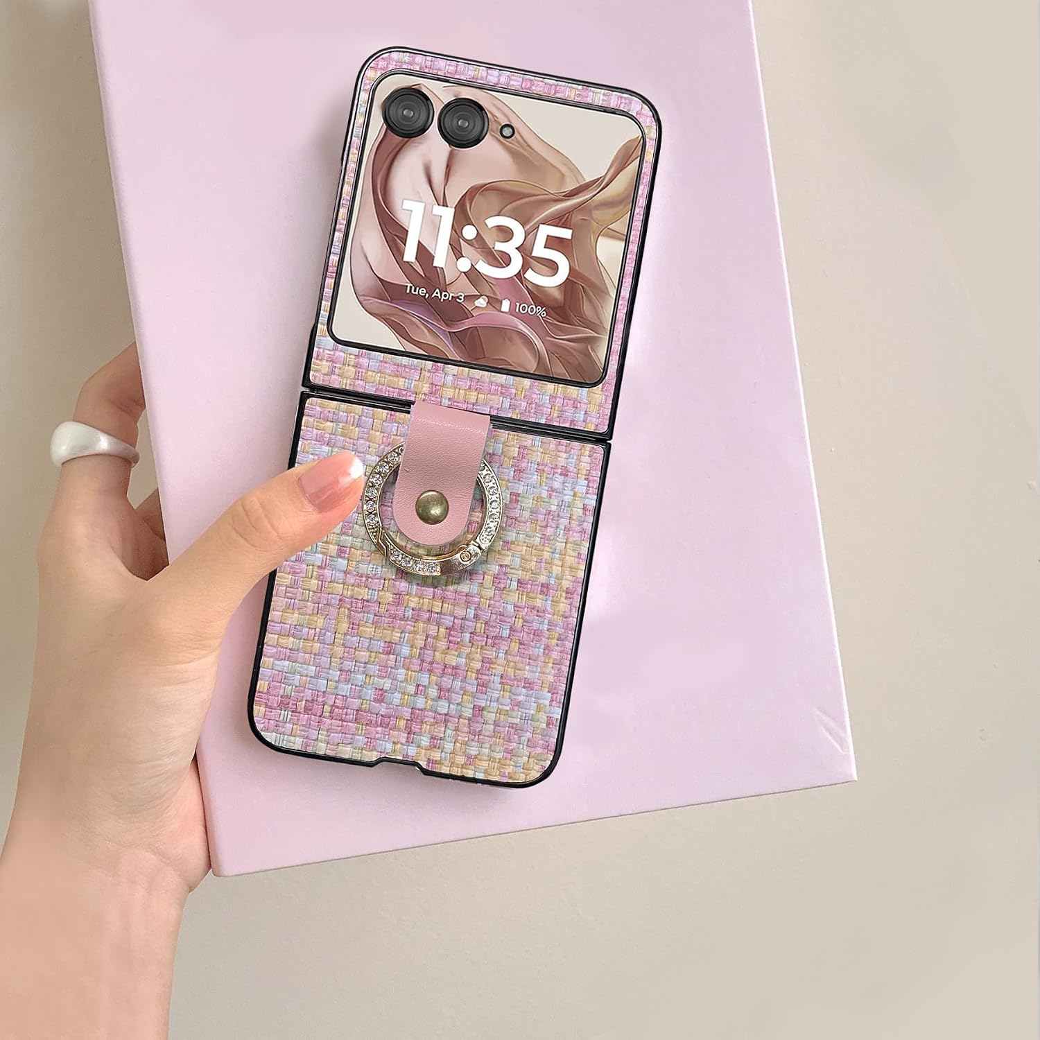 for Motorola Razr 2024/2025/2026 Case with Bling Ring & Chain, Luxury Stylish Razr 2024/2025/2026Phone Case for Women Girls Shockproof Protection Flip Case for Moto Razr 2026 Pink