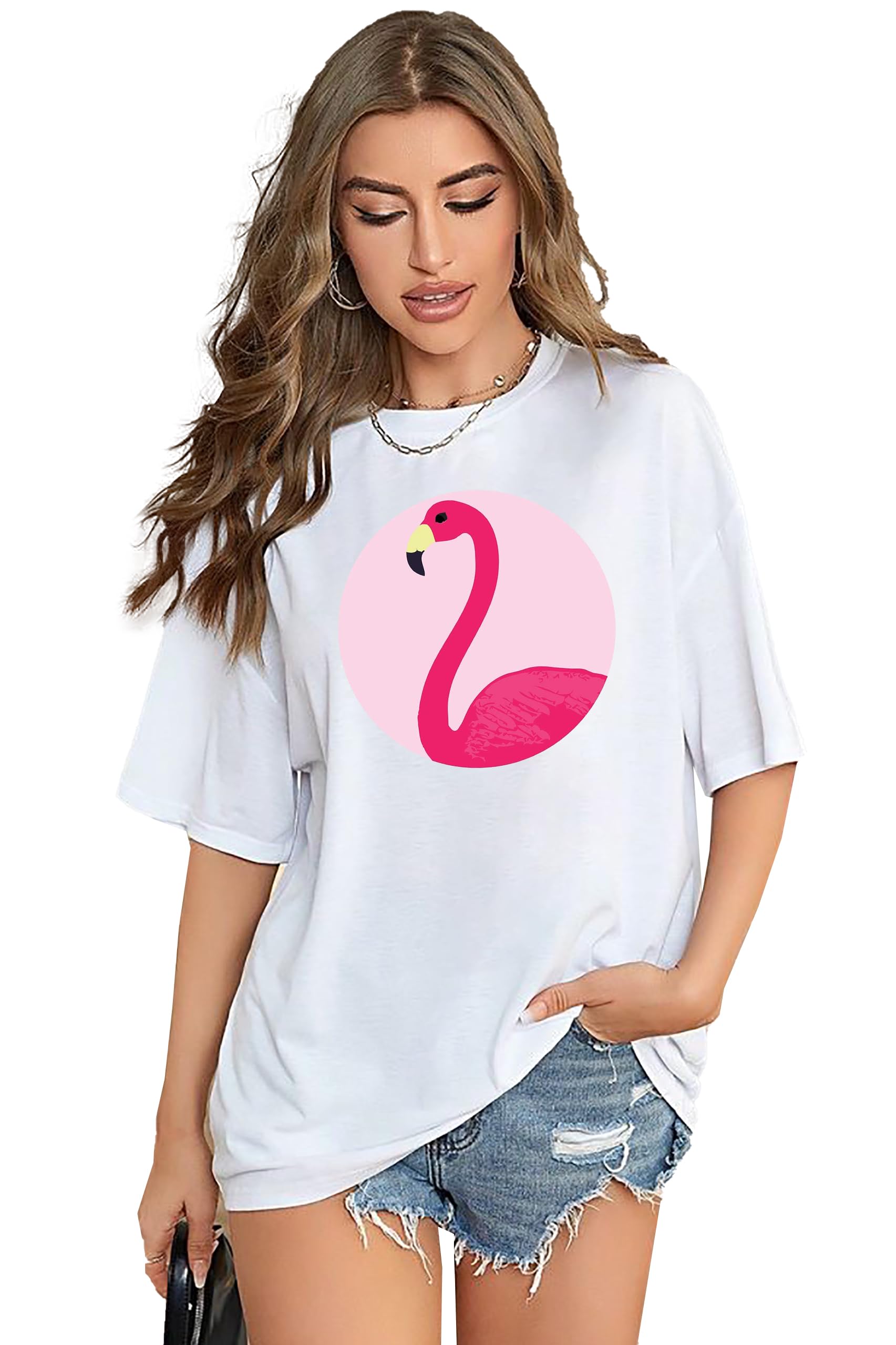 vlam Pink Flamingo Art Loose Baggy Oversized Tshirt for Women-picture-47
