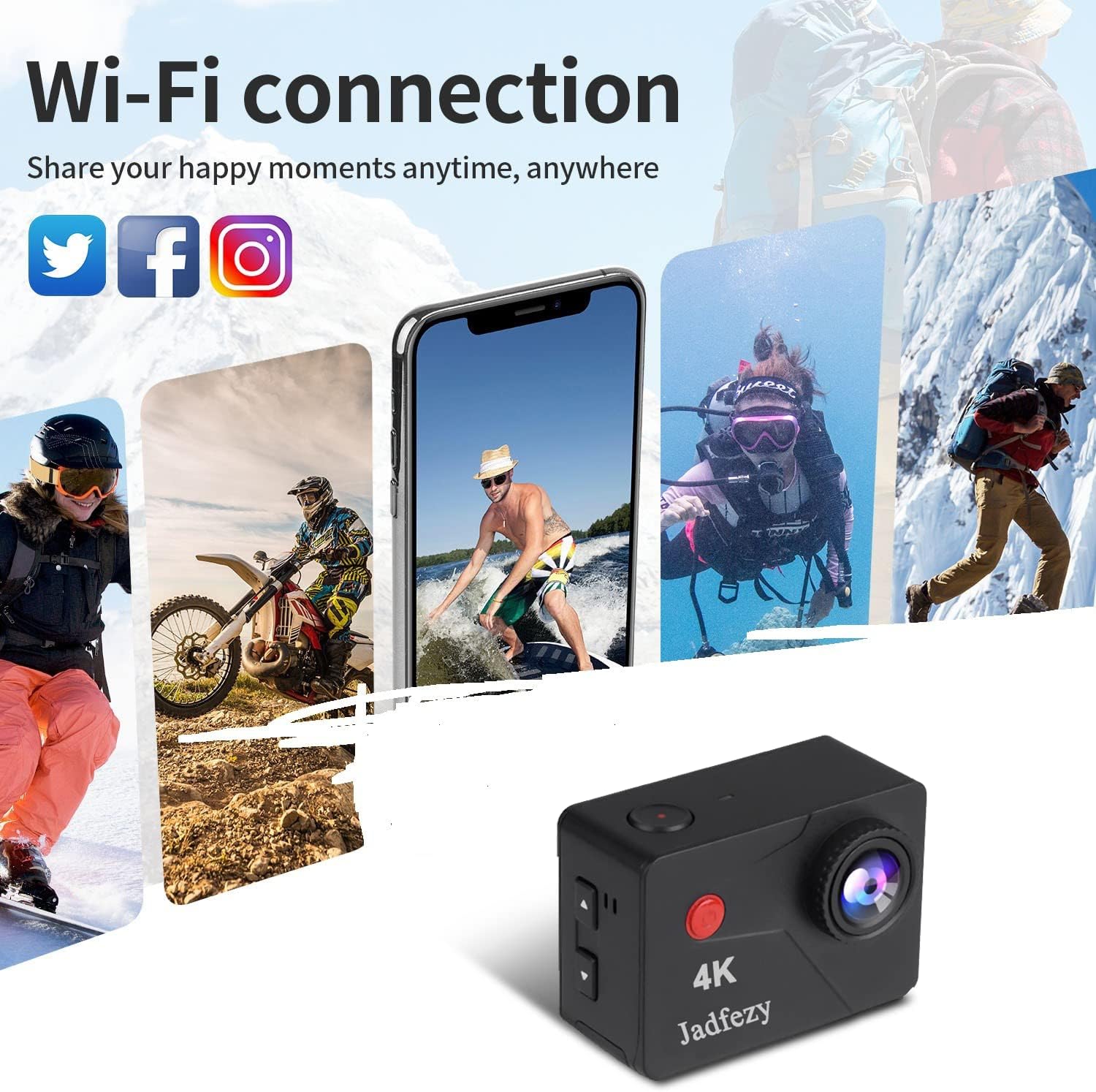 Jadfezy J-5000 4K Action Camera with a smartphone displaying the X-Sport Pro app interface, surrounded by images of people engaged in various outdoor activities like skiing, motorcycling, surfing, and diving, illustrating Wi-Fi connectivity and sharing capabilities.