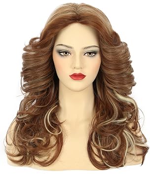 karlery Women 70s Feathered Wig Long Brown Wave Disco Wig Singer | Highlight Dyed Vintage Costume for Party Fashion Accessory