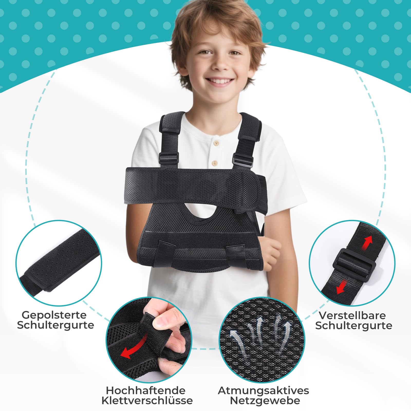 Maintien du bras Écharpe de bras pour enfants, écharpe de bras respirante pour le bras cassé, le coude, le poignet et la récupération des blessures(Noir,XS)