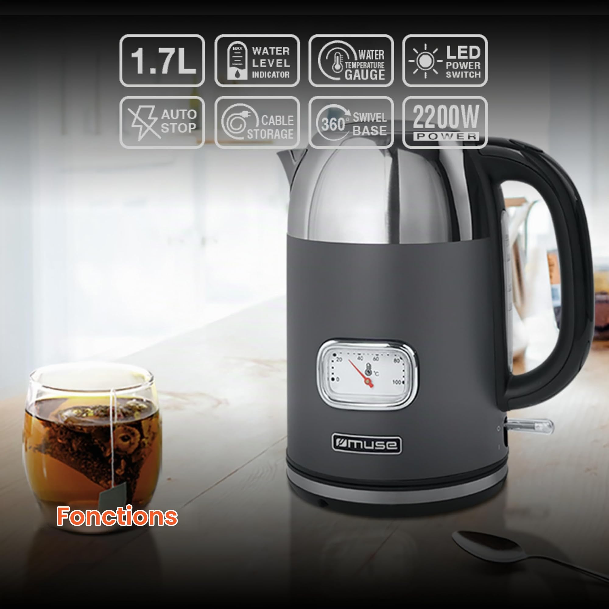 Bouilloire Sans Fil 1.7l 2200w Gris/inox - MS-020DG