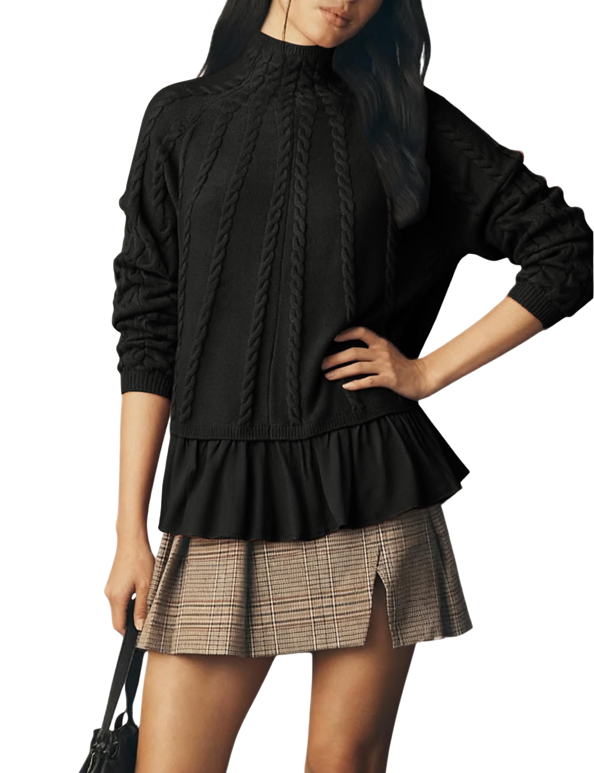 Womens Turtleneck Long Sleeve Cable Knit Sweaters Oversized Contrast Ruffle Hem Pullover Top Black-L