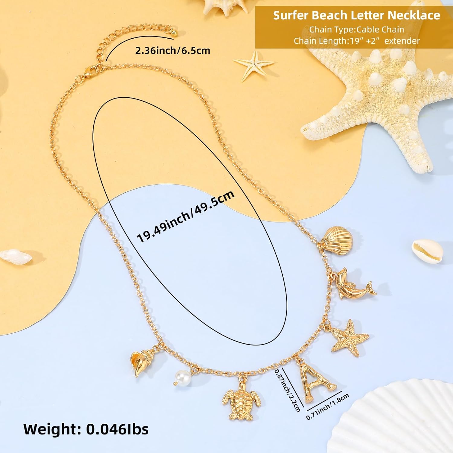 Initial Charm Necklace For Women, Boho Gold Summer Beach Surfer Letter Necklace Starfish Seashell Pearl Turtles Dolphin Charms Pendant, Trendy Pendant Alphabet Choker Necklace Jewelry Gifts for Teen - Image 3