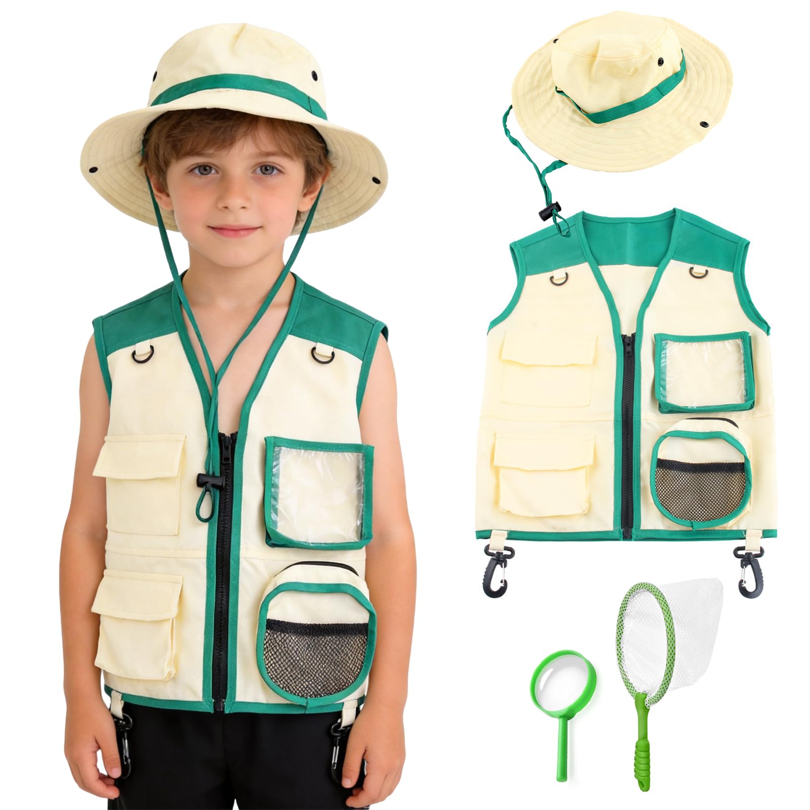 Mtbricey 4PCS Kid Explorer Costume Kit Outdoor Adventure Set Safari Costume for Boys Girls Safari Vest Hat Magnifying Glass Bug Hunting Net Washable Outdoor Adventure Outfit for Dress up (Green)