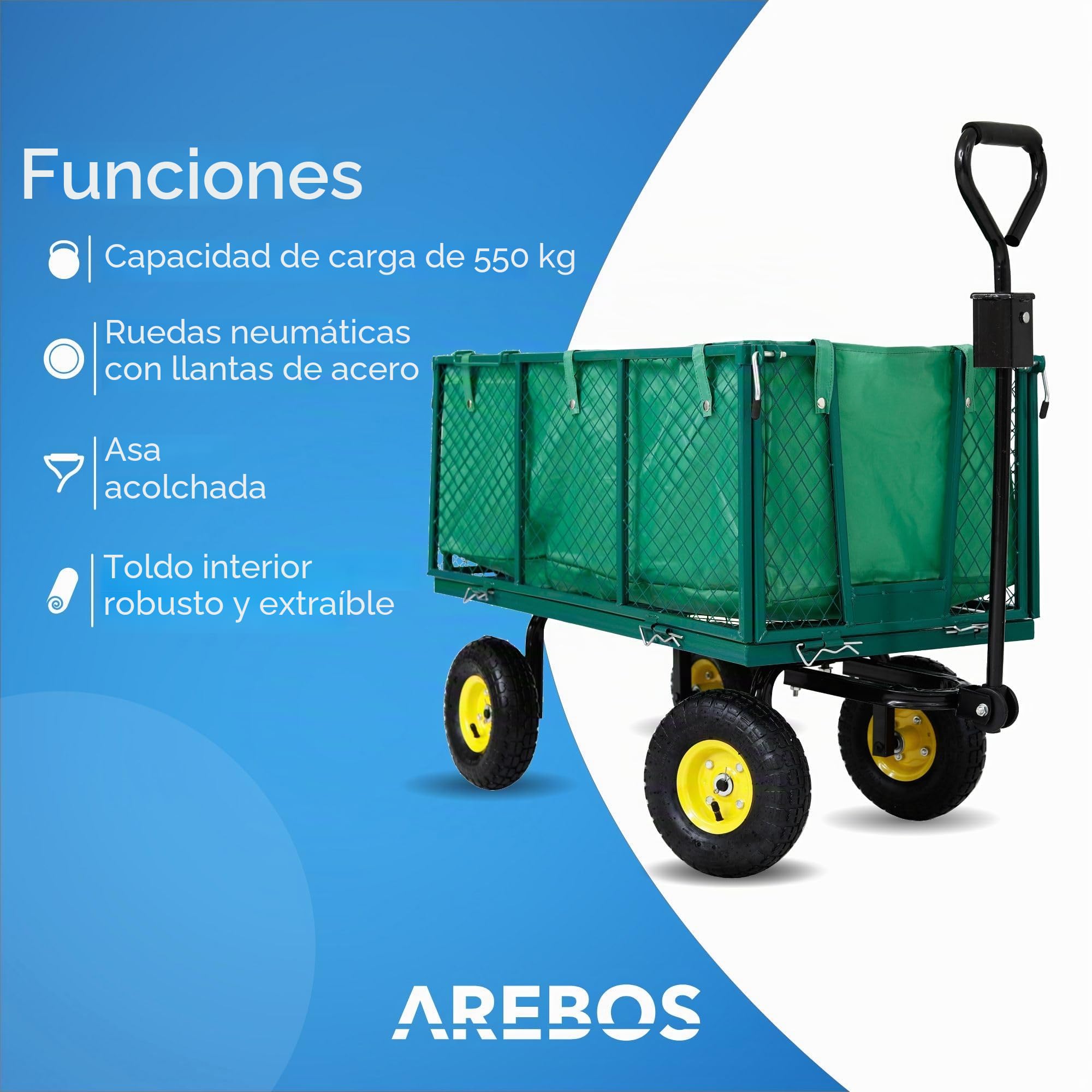 Arebos Carretilla Jardin | Carro de Transporte | Carro de Mano 550 kg | Plegable con Lona extraíble | Llantas de Acero con rodamiento de Bolas | Incluye asa y Barra
