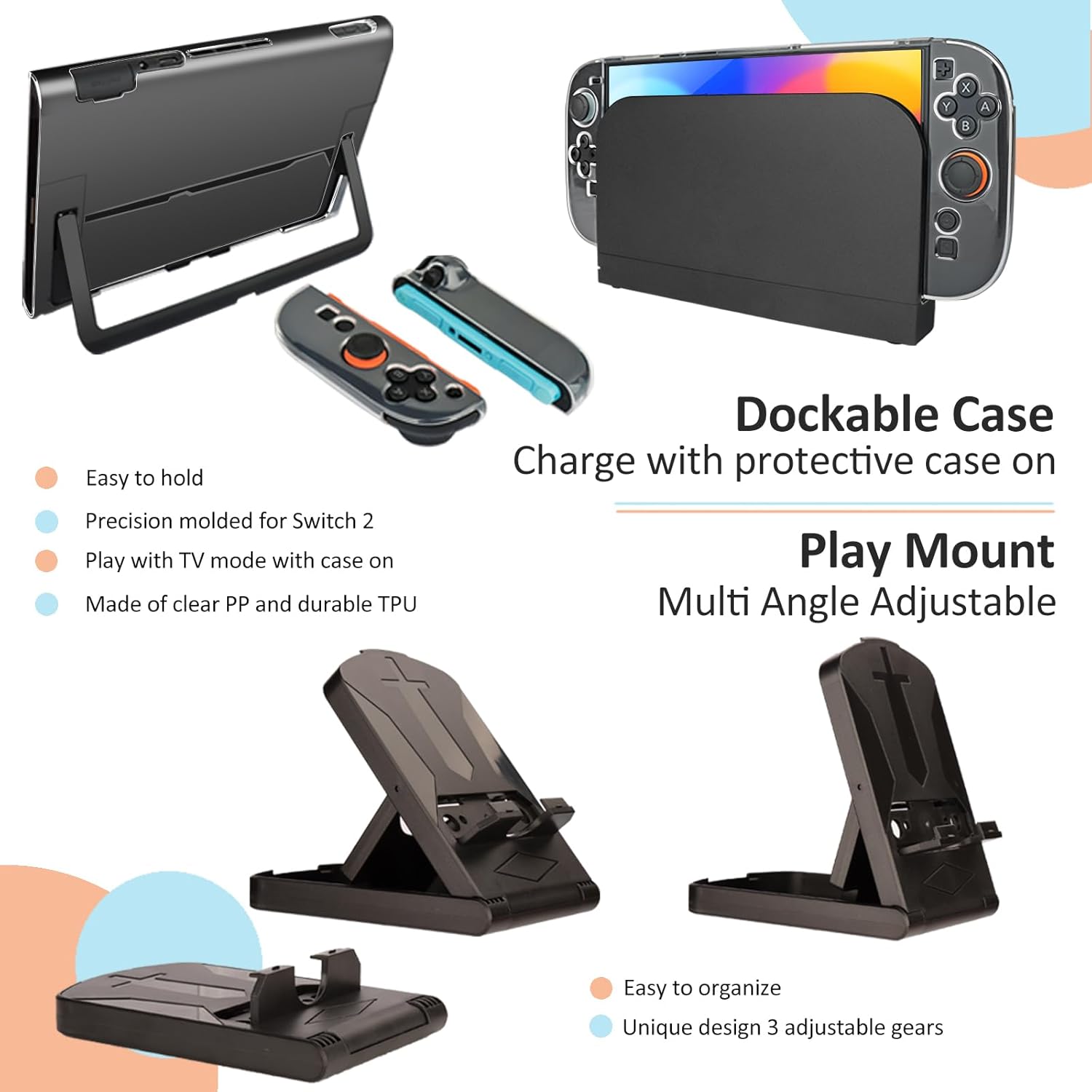 Accessories for Switch 2 - Family Bundle for Nintendo Switch 2,Carry Case,Portable Joy Con Charger,4 Pack Steering Wheels and Hand Grips,Dockable Case Kit,Stand and More - Image 6