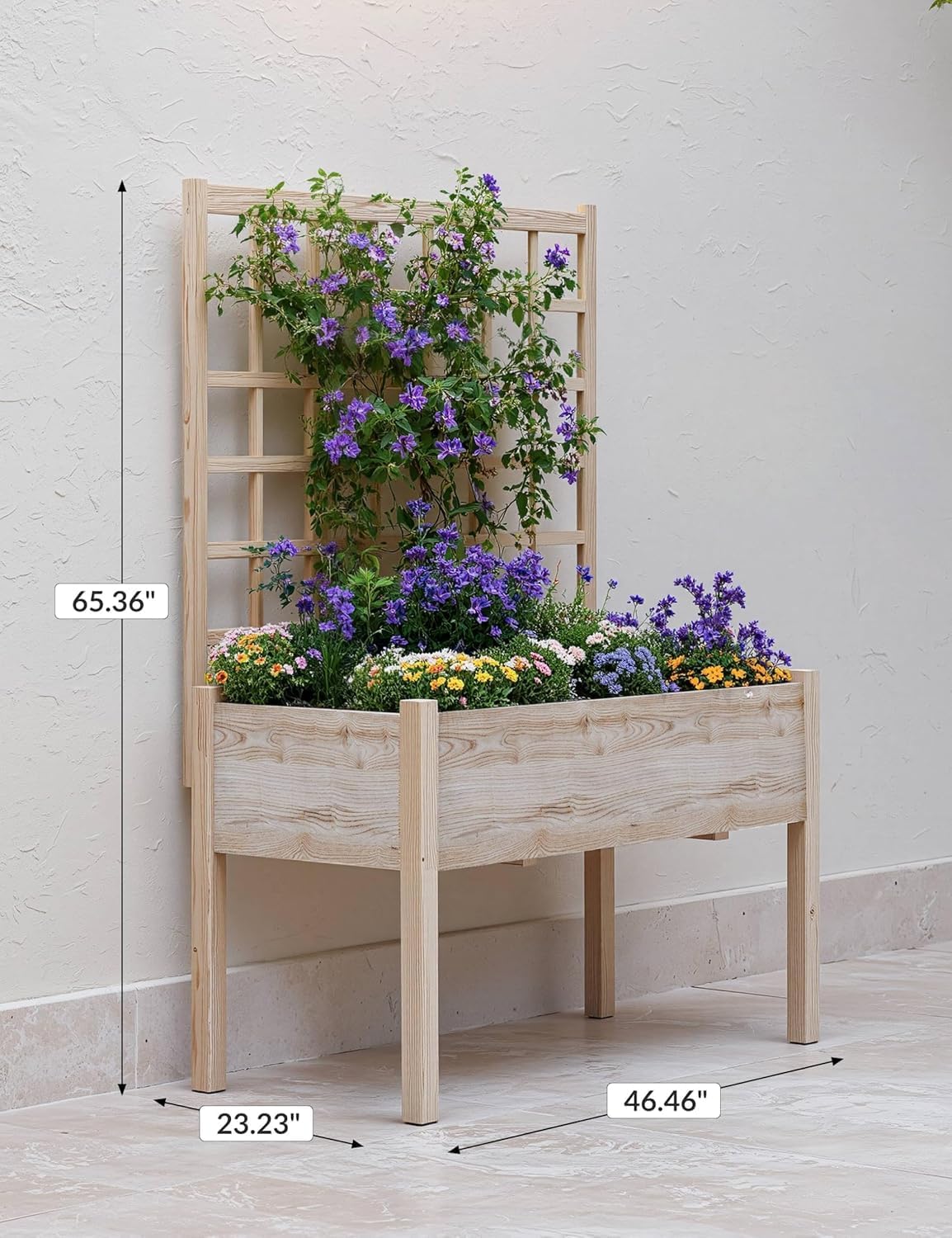 Raised Garden Bed with Trellis, Elevated Planter Box with Legs For Backyard, Patio, Balcony w/Bed Liner, Wood Standing Planter Stand for Climbing Plants Flowers Vegetables Herbs, 46"x23"x65"