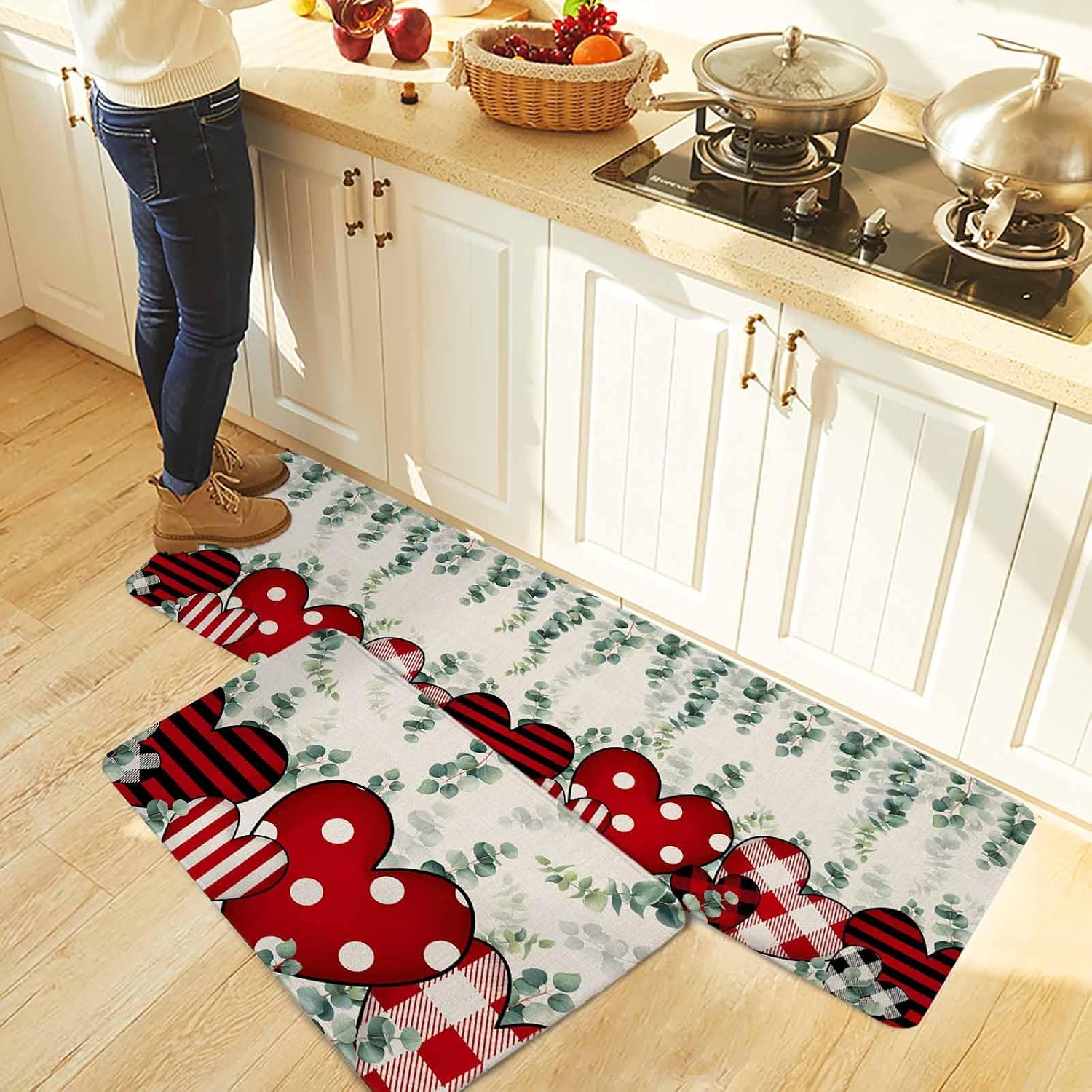 Valentine's Day Eucalyptus Kitchen Rugs and Mats Set of 2, Non-Slip Kitchen Sink Mat, Love Heart Botanical Linen Washable Doormat Bathroom Rugs Runner for Bedroom/Living Room 19.7"x31.5"+19.7"x63"