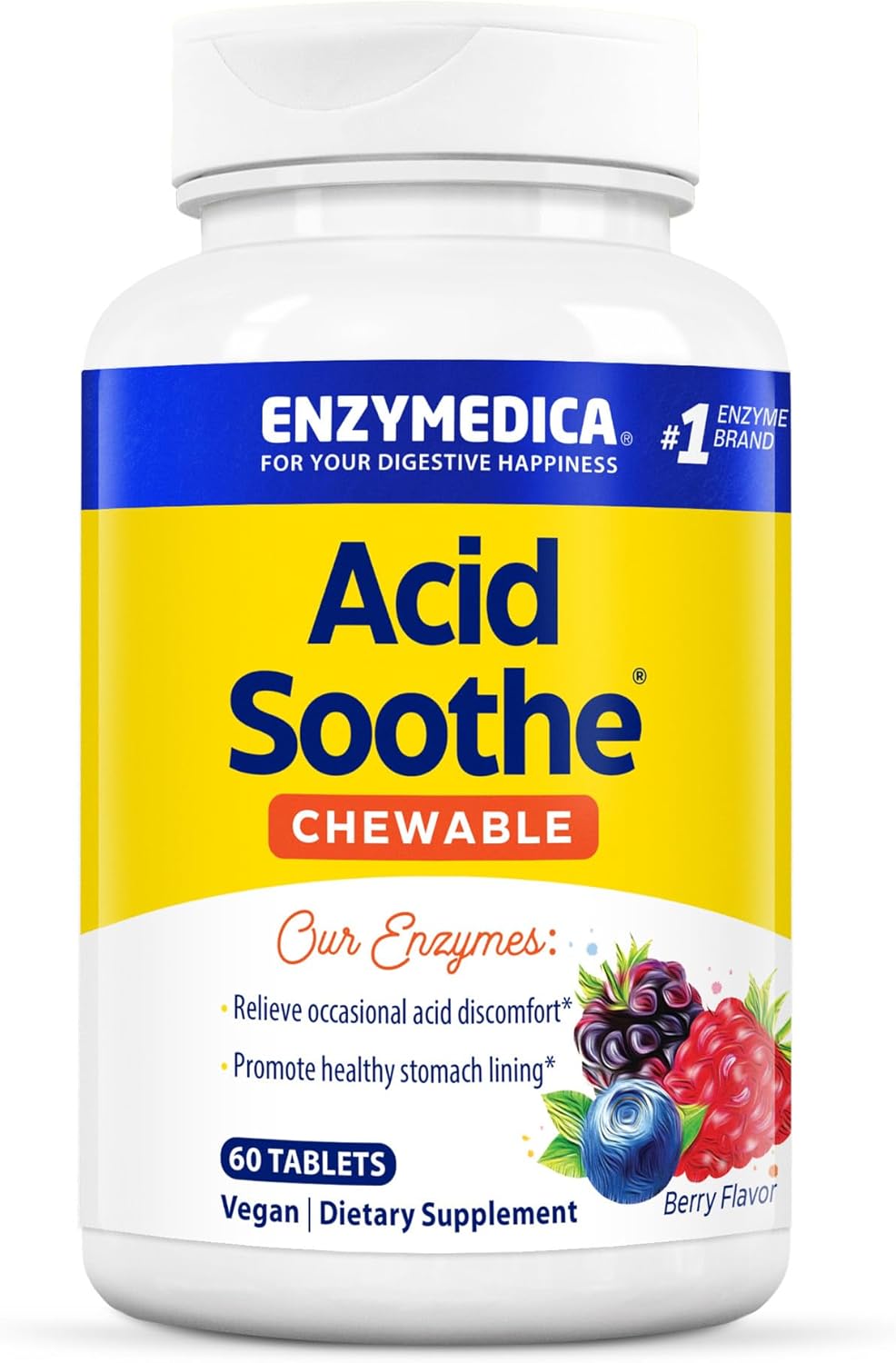 Enzymedica, Acid Soothe Chewable, Promotes Relief from Heartburn and Indigestion While Helping to Strengthen the Stomach Lining, Vegan, Non-GMO, 60 Tablets (60 Servings)
