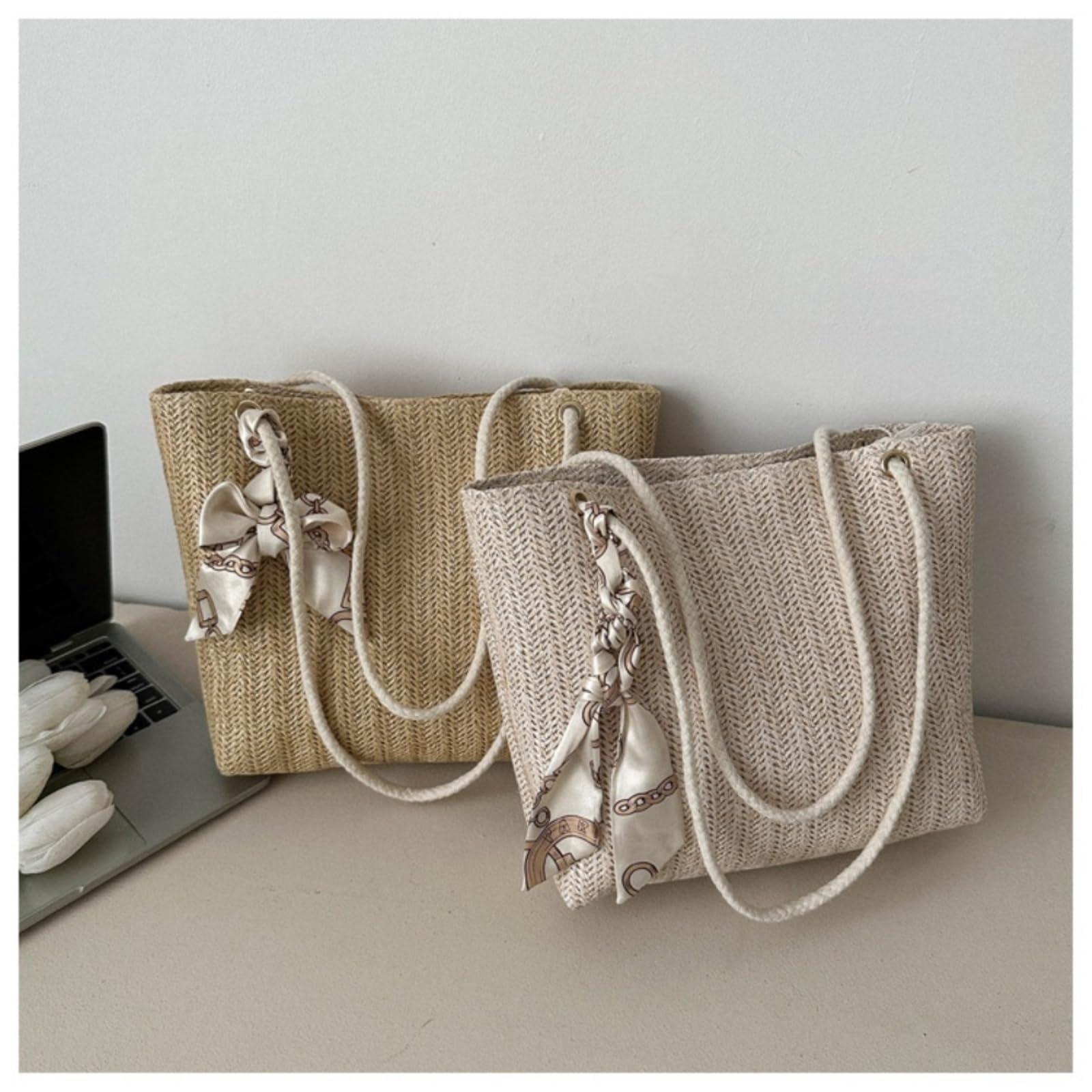 Borsa di Paglia Donna A Tracolla Estiva, da Pendolare Grande capacità delle Donne, alla Moda-White