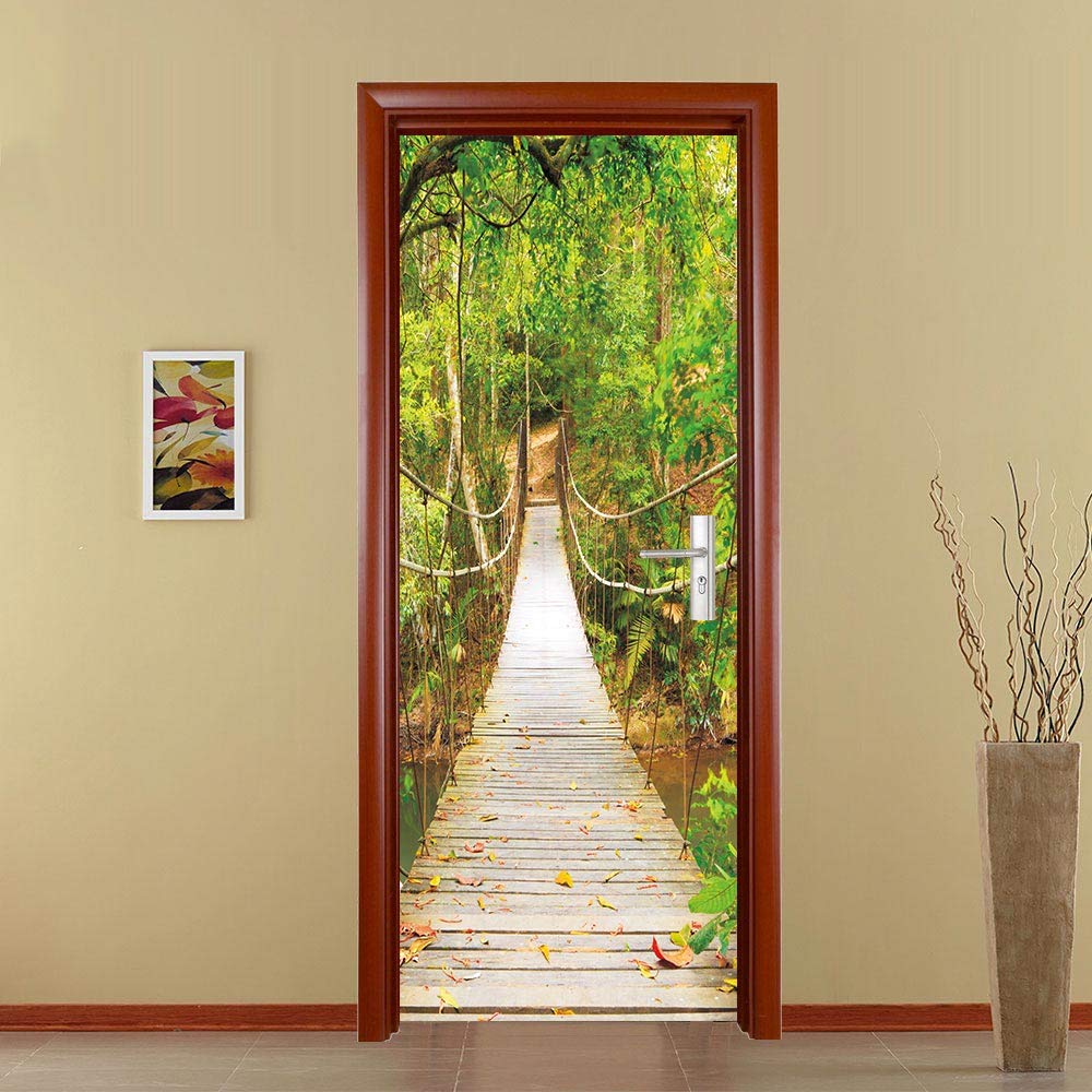 Sticker porte trompe l'oeil paysage pont en bois amovible et impermeable 88x200cm