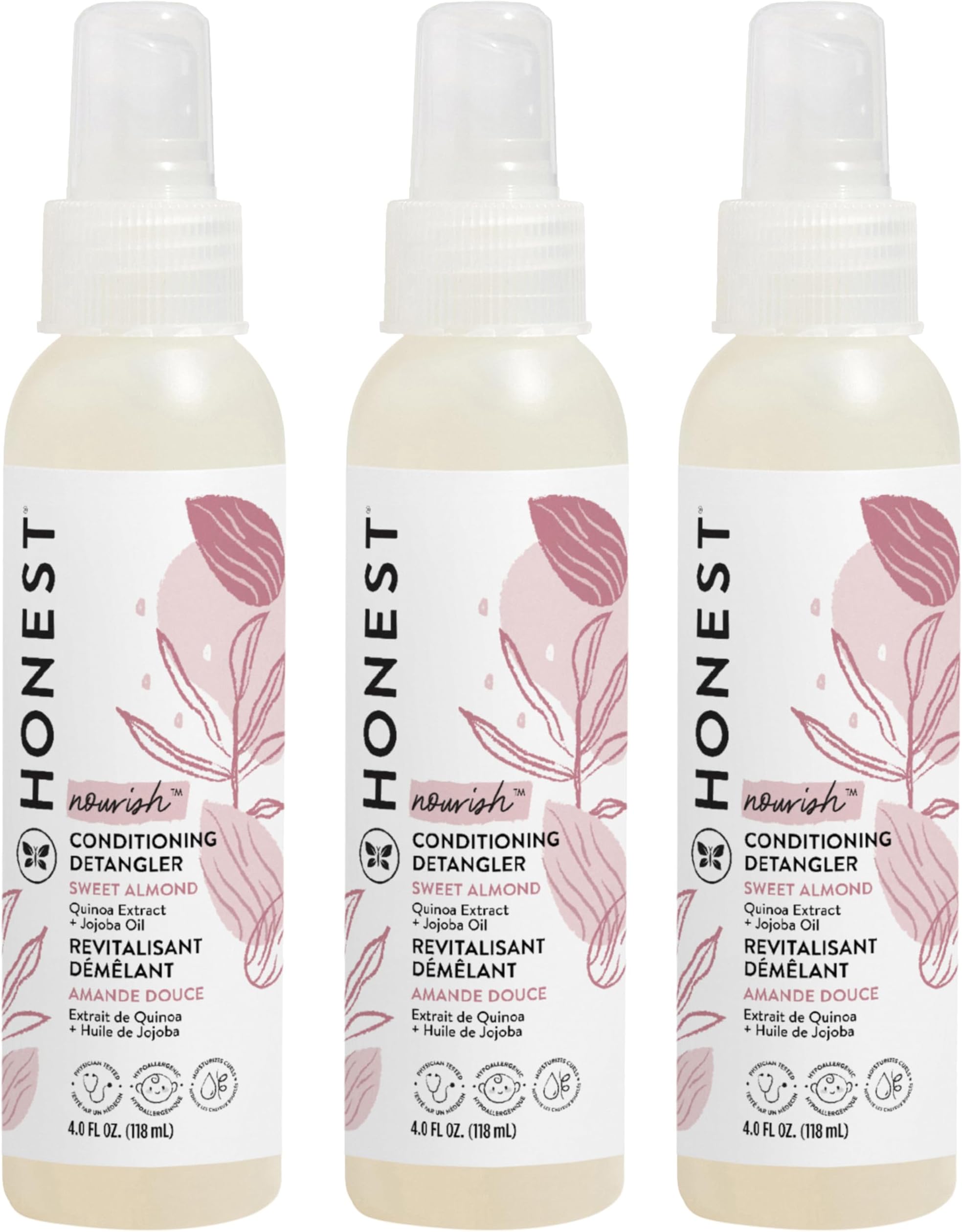 The Honest Company Conditioning Hair Detangler 3-Pack Leave-in Conditioner and Fortifying Spray Tear Free Cruelty-Free Hypoallergenic Almond Nourishing 4 fl oz each pack of 3