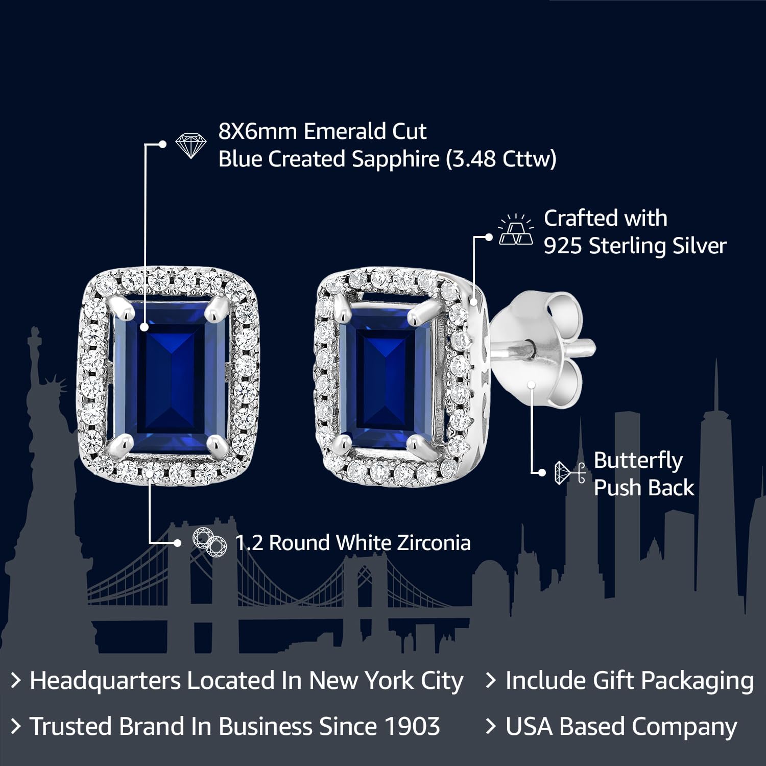 Gem Stone King Halo Earring for Women | 925 Sterling Silver | Gemstone Birthstone Earrings | Emerald Cut 8X6MM | Fine Jewelry Gifts for Her Mom Women Wife - Image 2