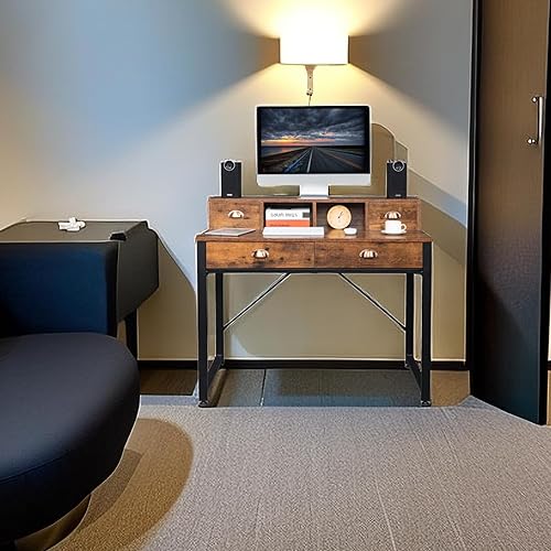 Miniatura 5 de Escritorio para computadora con cajones y soporte para monitor, escritorio de estudio de oficina en casa, estación de trabajo industrial para