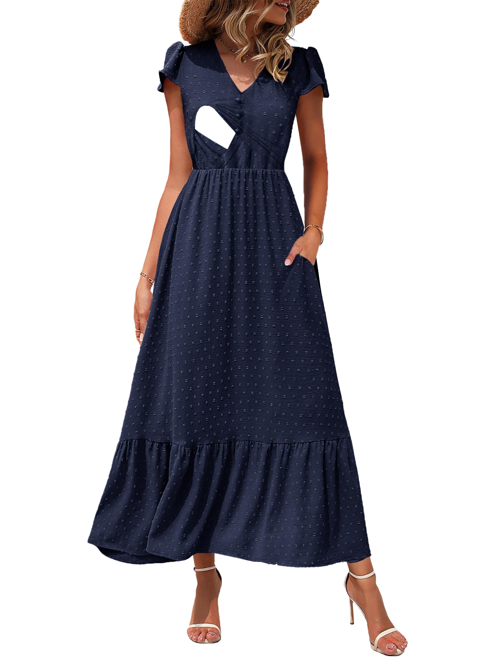 CzzzyL Women Nursing Dresses Cap Short Sleeve V Neck Swiss Dot with Pockets