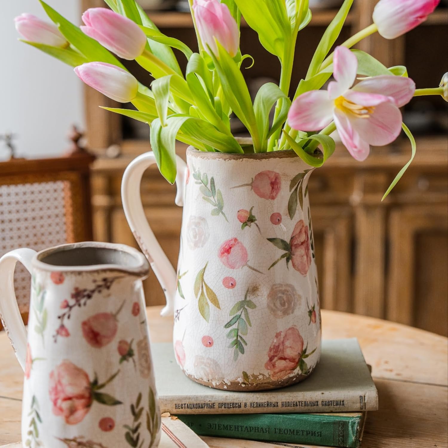 Retro Rustic Large Ceramic Vase with Handle, Distressed Farmhouse Pitcher for Home, Ideal Shelf Decor Floral Vase for Living Room Bedroom Office Table Centerpiece Decorations 9 Inch - Image 2