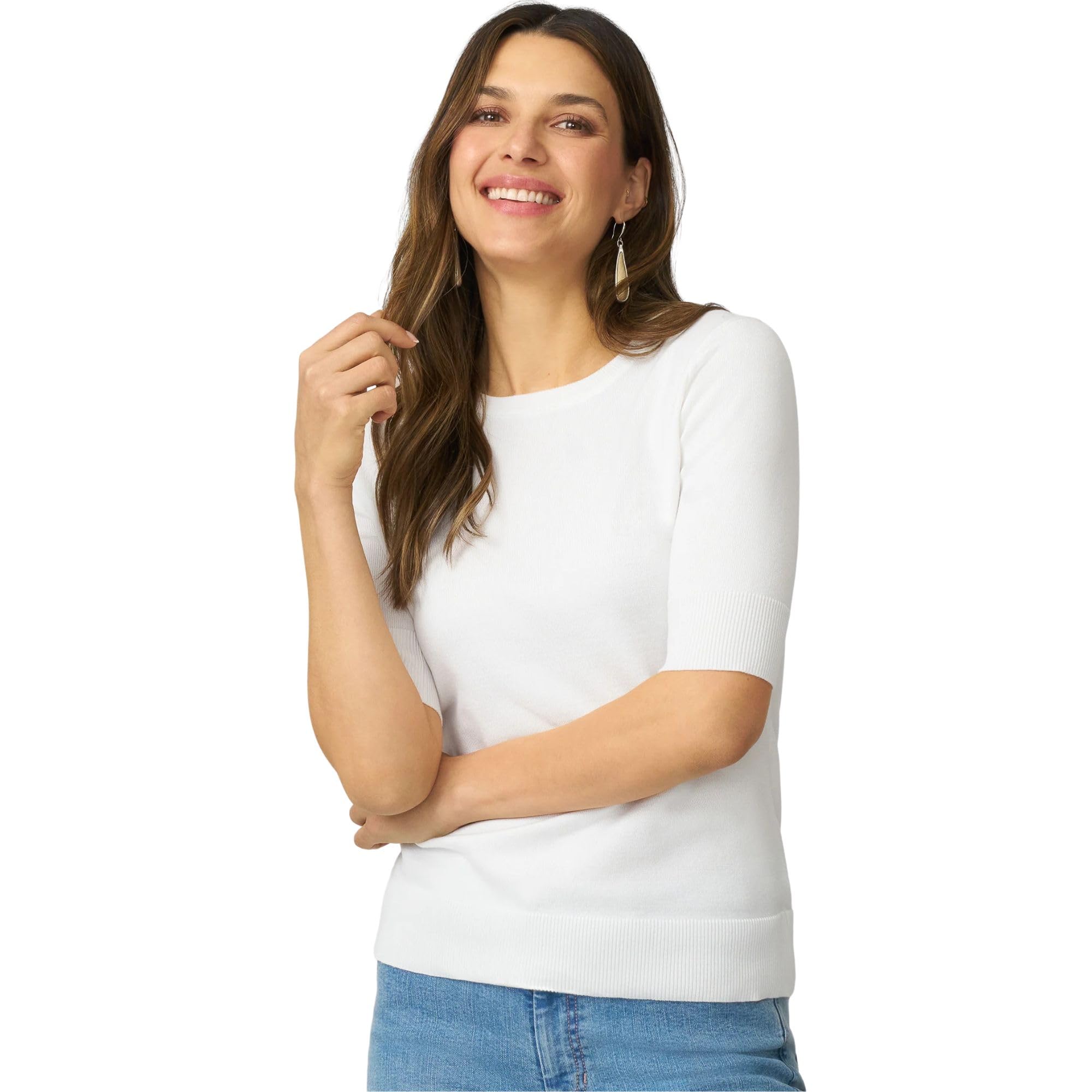 Cable Gauge Short Elbow Sleeve Crewneck Sweater Soft Blend Womens Apparel