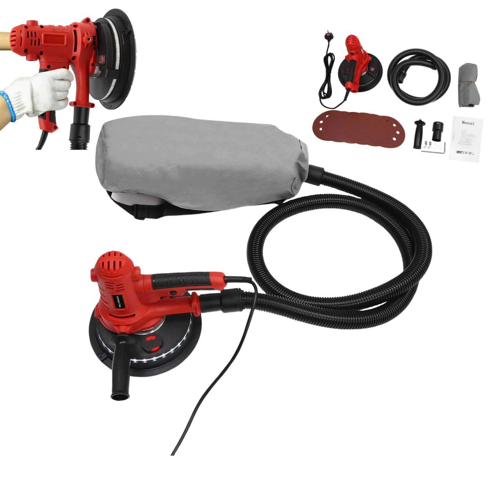 1200W Electric Vacuum Drywall Sander, Handheld Walls Plaster Ceiling Sanders Portable Polishing Machine, Variable Speed1200-2500r/min Wall-Sander with Automatic Vacuum Dust Collection Systm