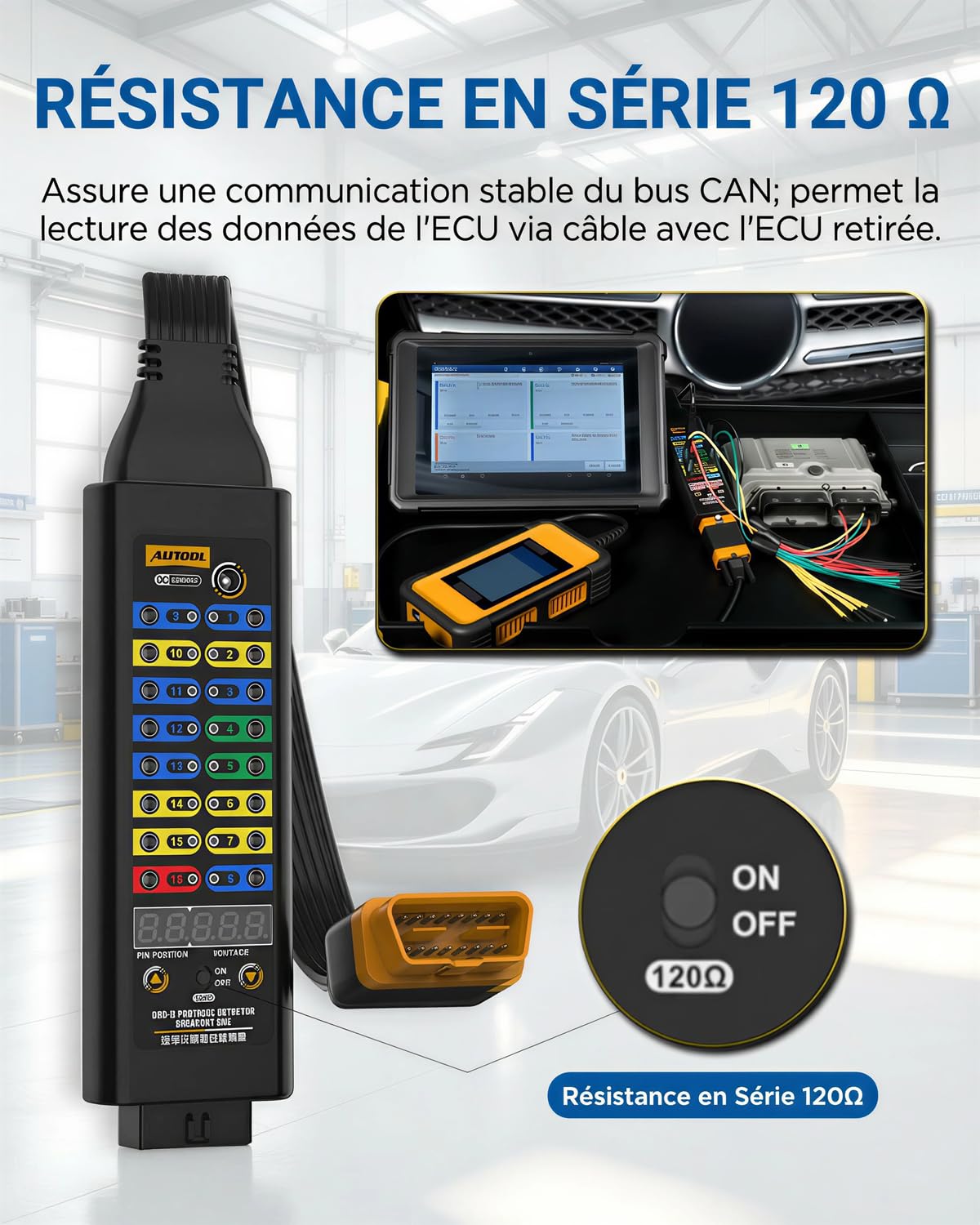 Boîtier de Dérivation OBD2 avec Mode Série 120Ω, Affichage de la Tension, Connecteur à 16 Broches, Voyant LED, pour Scanner/Multimètre pour Test de Diagnostic électrique Automobile