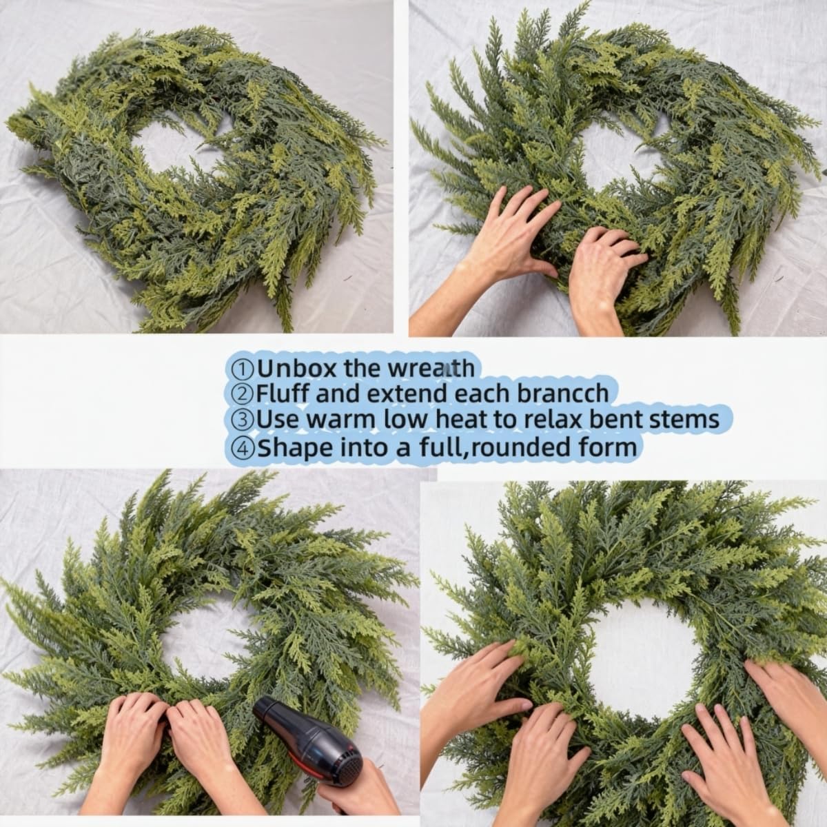 24" Real Touch Christmas Wreath with Lights – Pre-Lit Artificial Cedar Greenery Christmas Door Wreath, Realistic Christmas Wreath Outdoor for Front Door or Holiday Home Décor