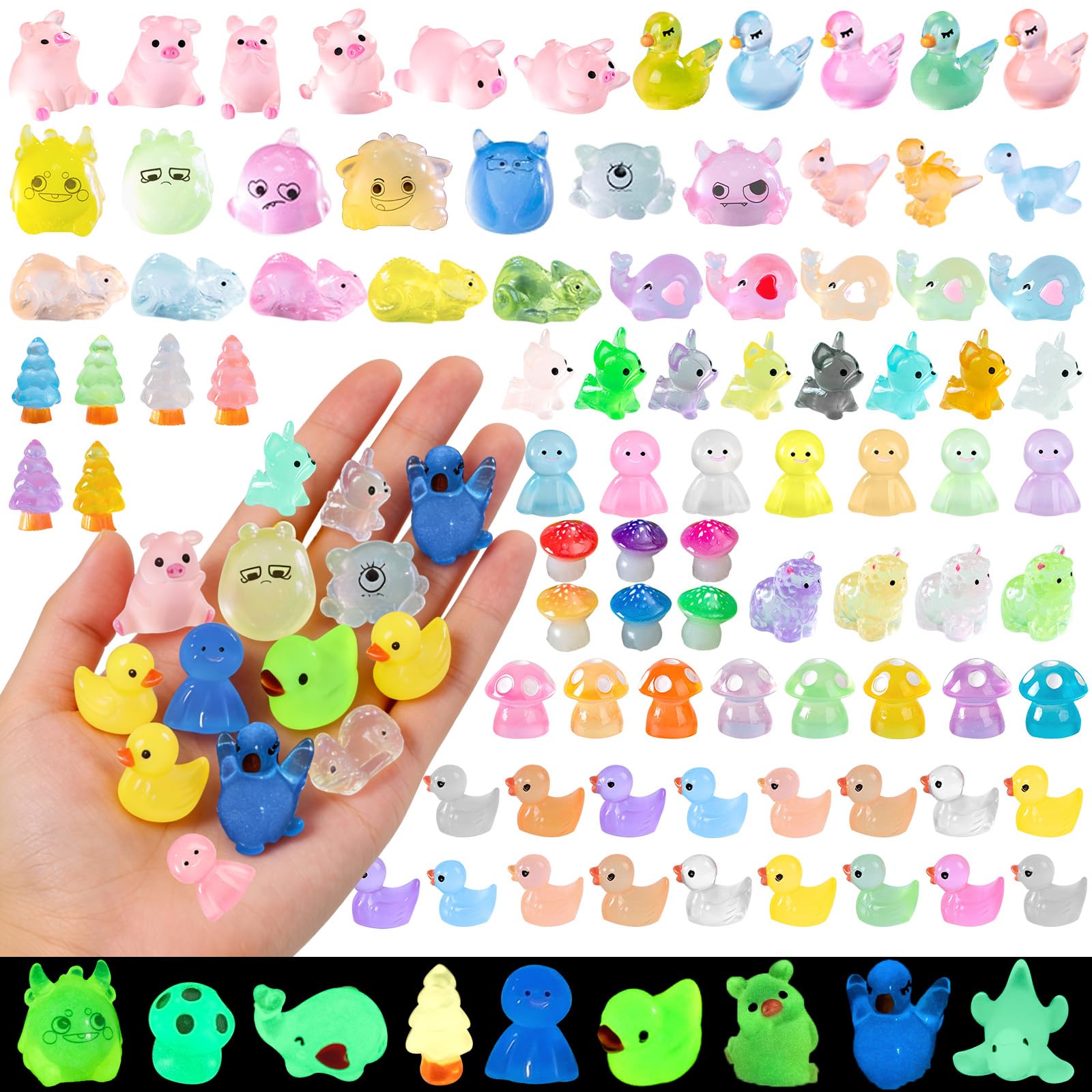 LIINWNIRS 135 Pcs Luminous Mini Resin Animals Kit Accessories Variety Pack Glow Animal Figurines Resin Mini Garden Decor for Garden Micro Landscape