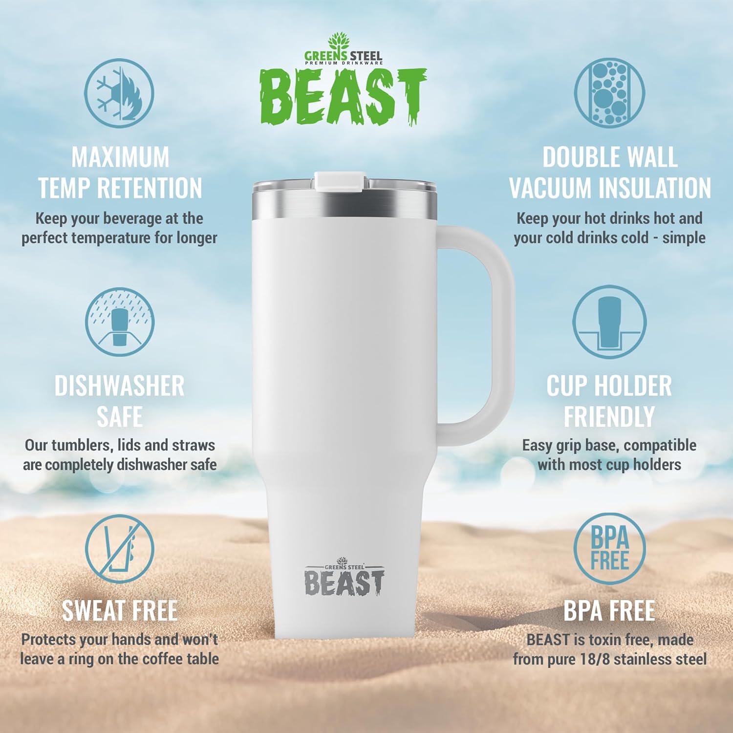 Beast 50 oz Tumbler with Handle Stainless Steel Vacuum Insulated Coffee Ice Cup Double Wall Travel Flask (Arctic White) - Image 4
