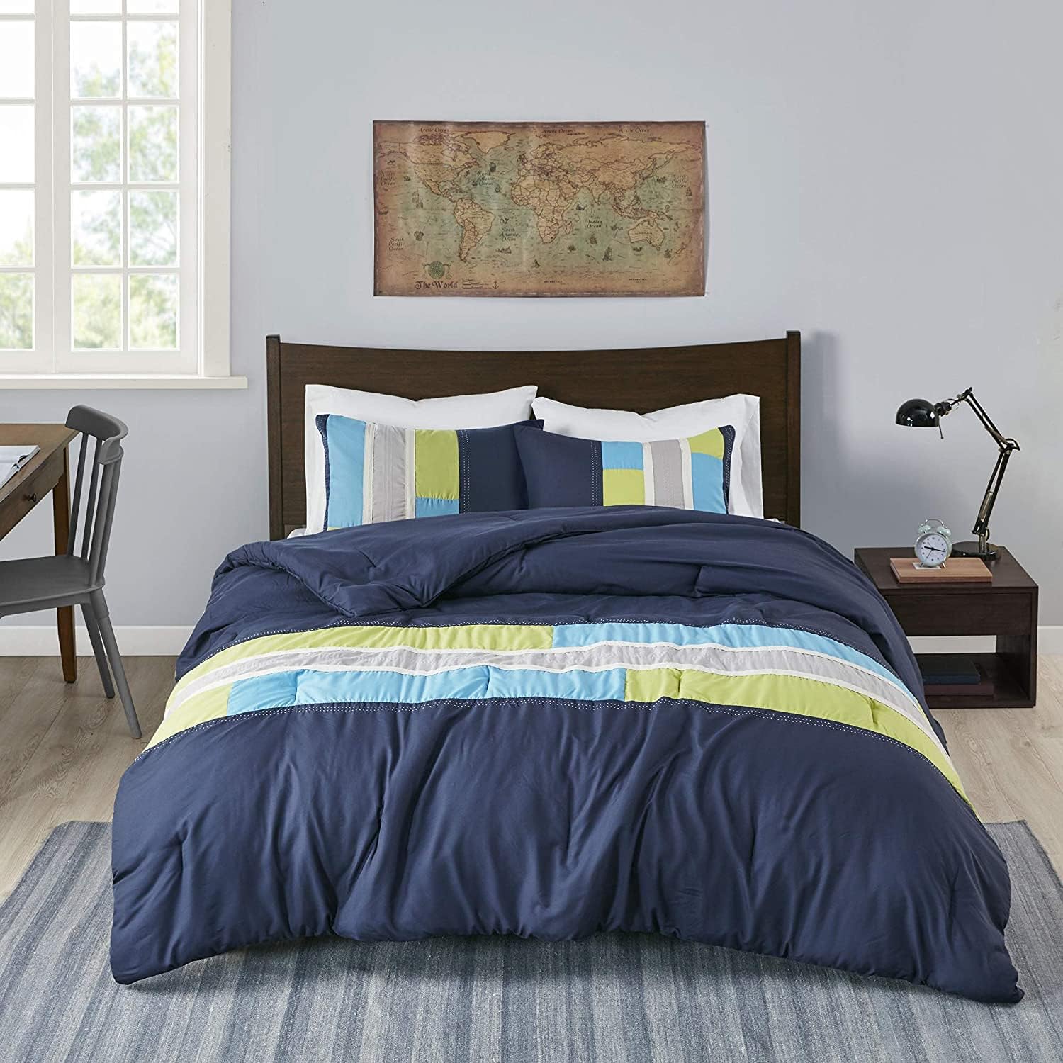 Mi Zone Cozy Comforter Set Geometric Stripes Vibrant Color Design All Season Bedding Matching Shams, Decorative Pillow, Full/Queen, Pipeline Navy, 4 Piece