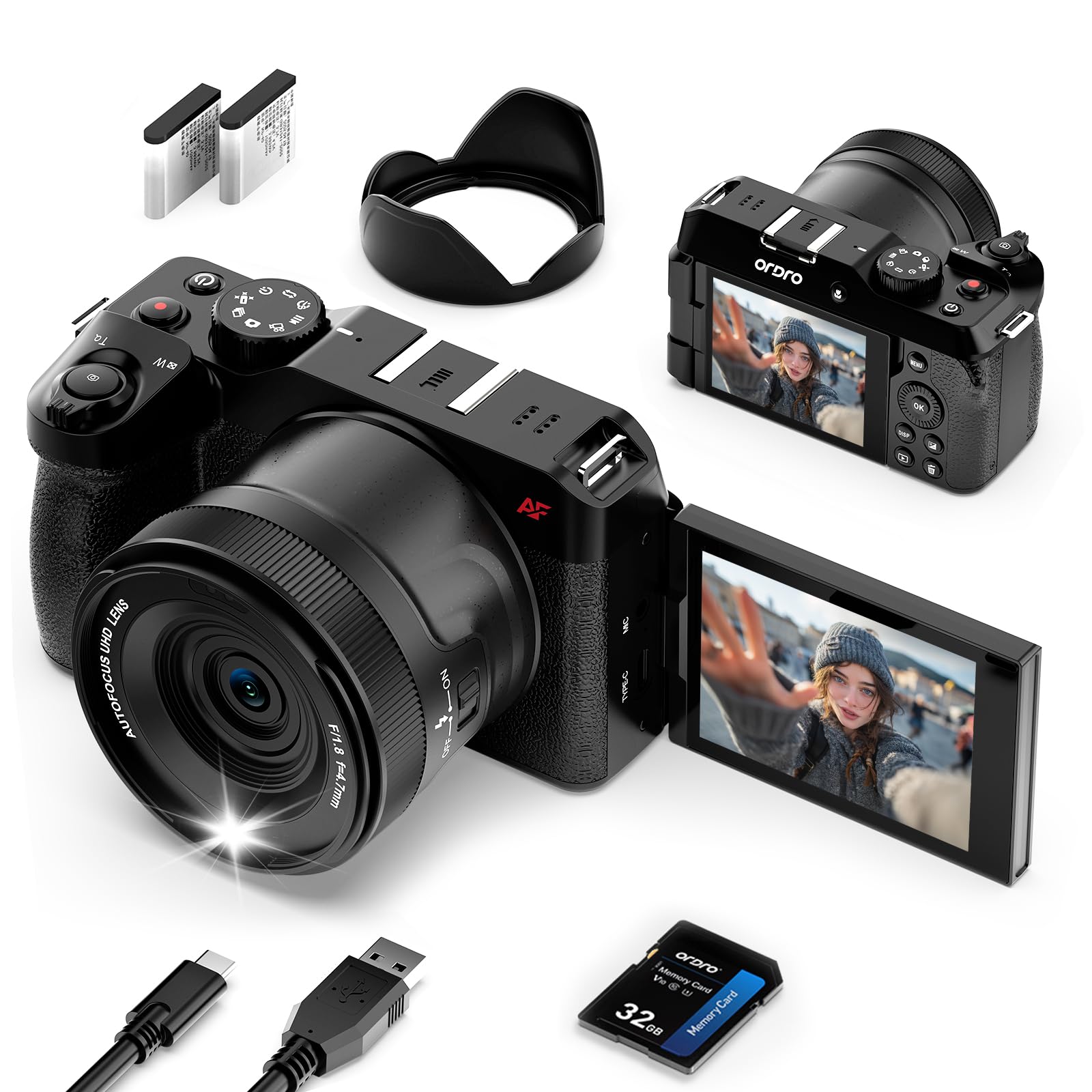 ORDRO 5K Digital Cameras for Photography -Auto Focus 80MP Video Cameras for YouTube, 18X Zoom Travel Camera with 180° Flip Screen, 2 Batteries, Lens Hood & 32GB TF Card-image-12