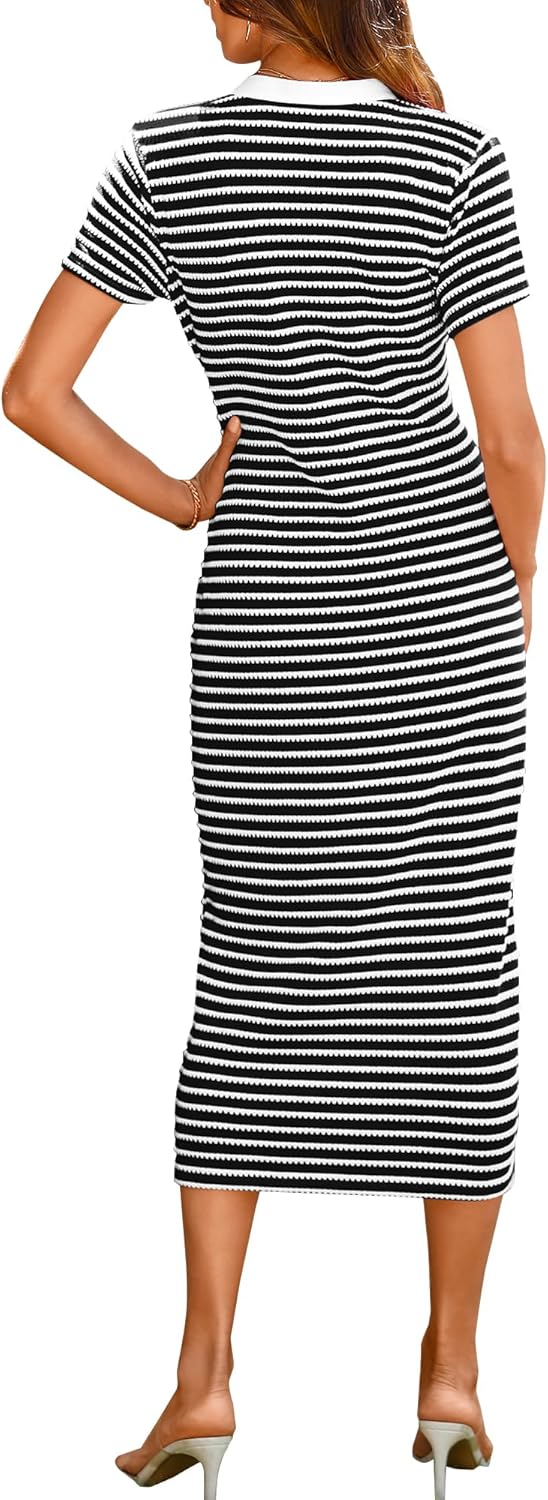 BTFBM Women Casual Summer Dresses Short Sleeve Striped Midi Dresses Decorative Button Ribbed Knit Dresses Party Dresses - Image 2