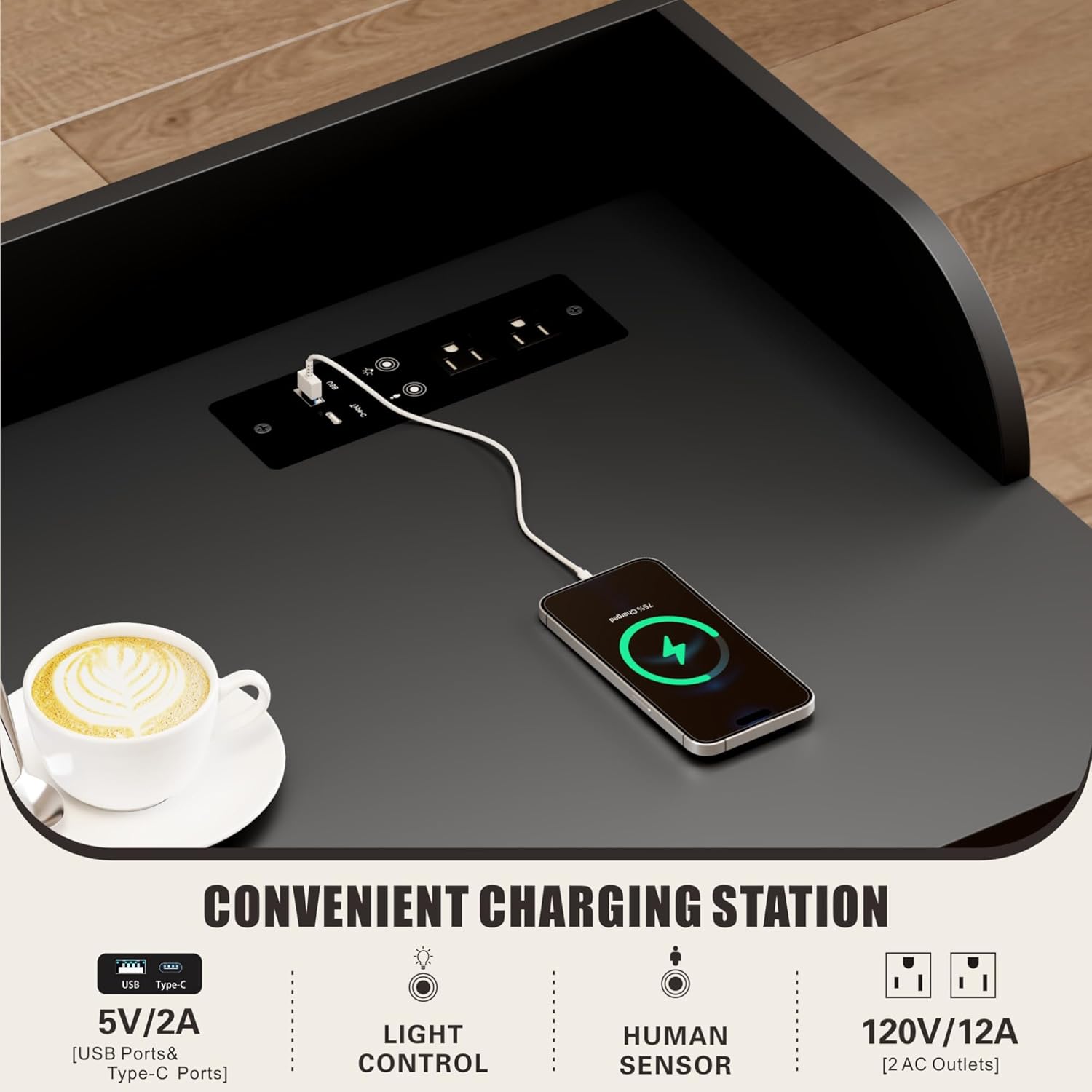 Dystler Overbed Table with Wheels Adjustable Height, 39.37"-43.3" Over Bed Desk with Human Sensor, King Size Overbed Laptop Table with Charging Station for Bedroom, Black