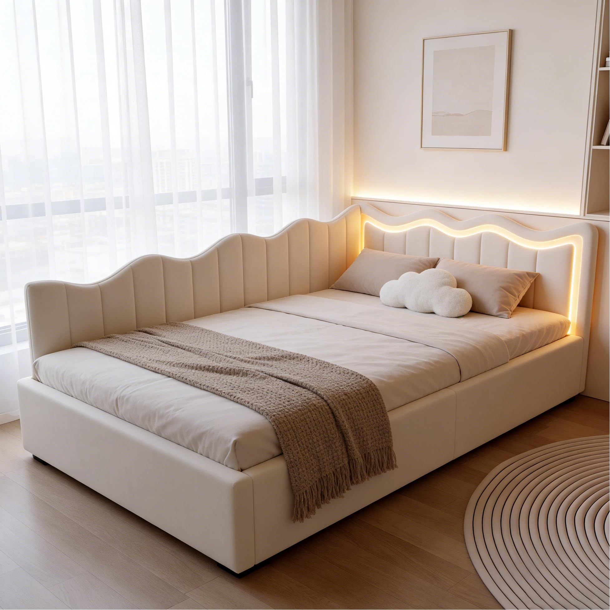 BRILVERDE Divano letto singolo 90x200 con luce LED, Poltrona letto singola con contenitore idraulico, letto con testiera, struttura letto con rete a doghe, in velluto (Beige, 90 x 200 cm)