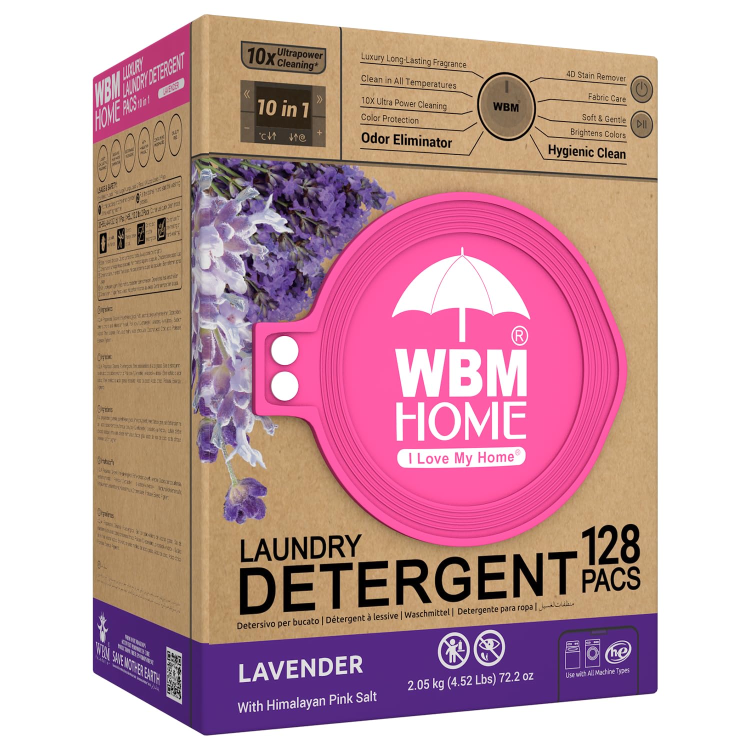 WBM 10-in-1 Laundry Detergent Pods, Fabric Softener with Lavender Extracts, High-Efficiency Laundry Pods with Powerful Stain Lifter Technology - 128 Count Bag
