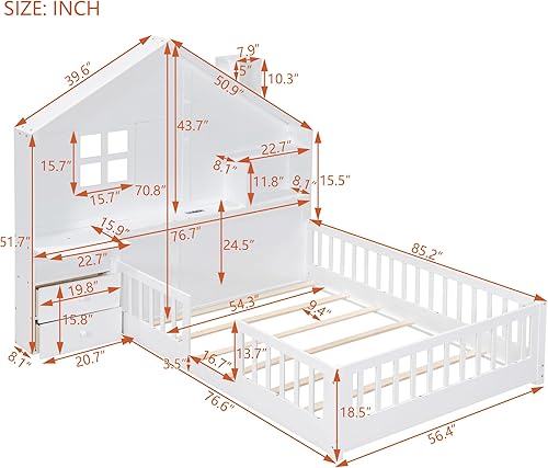 Miniatura 11 de Cama de madera de tamaño individual con cabecero en forma de casa con vallas, altura baja al suelo, para dormitorio de niños y niñas (blanco-01)