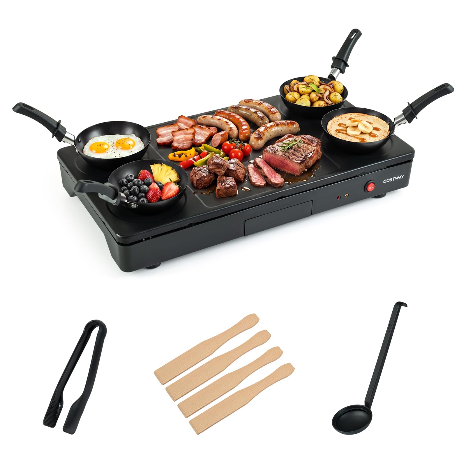 COSTWAY 1000 W Barbecue Elettrico da Tavolo, Griglia Antiaderente | Grill con 4 Padelle 1 Piastra, per Raclette e Bistecca, 4 Palette, Pinza e Mestolo, Pulizia Facile, per Cucina e Ristorante