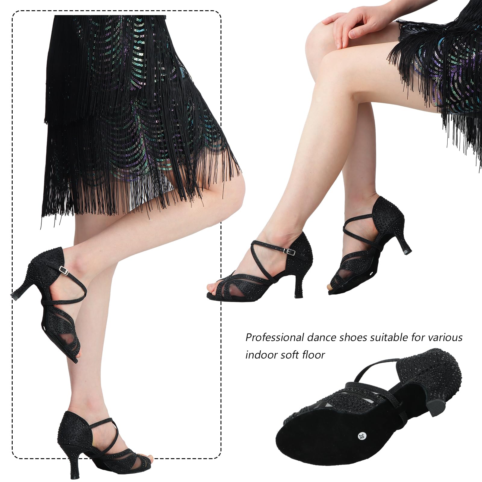 Scarpe da Ballo Latino Donna con Strass Glitterati Peep Toe Cross Strap Scarpe da Ballo Sociali Salsa Tango Sandali per la Festa di Nozze