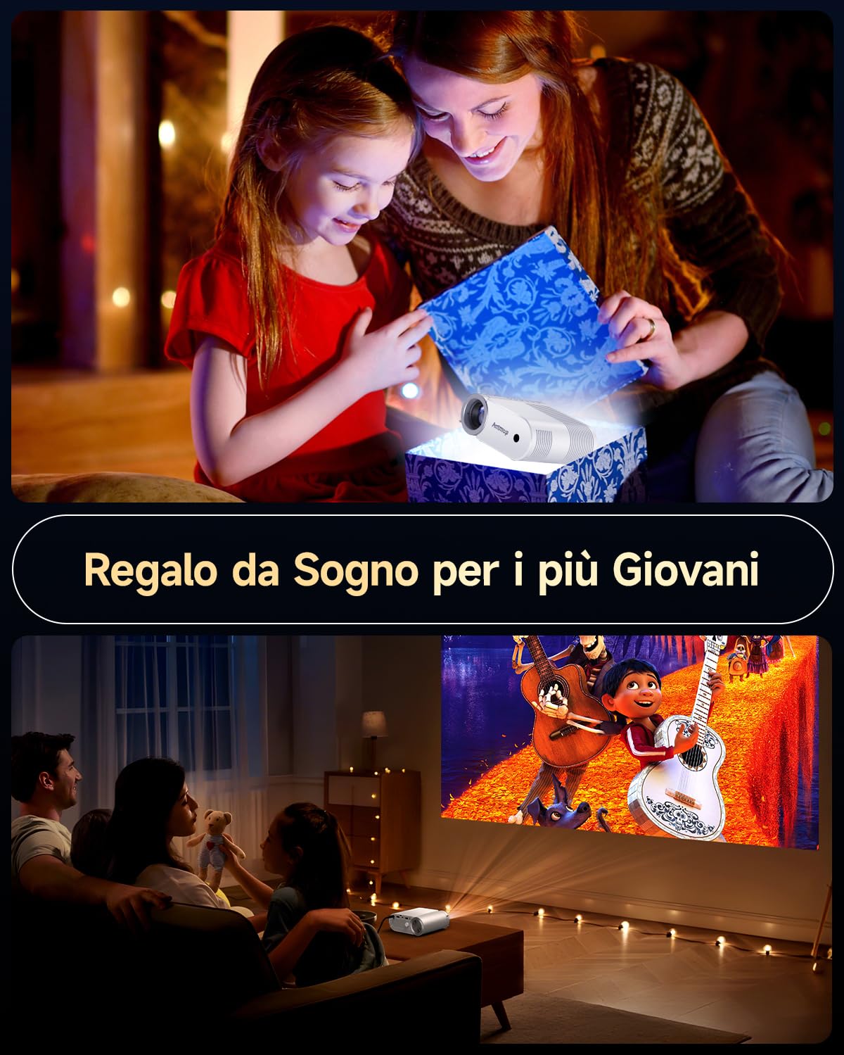 Mini Proiettore WiFi e Bluetooth, Proiettore Portatile Home Cinema 1080P per Telefono, 200” Home Theater per Camera da Letto per iPhone/HDMI/USB/TV Stick