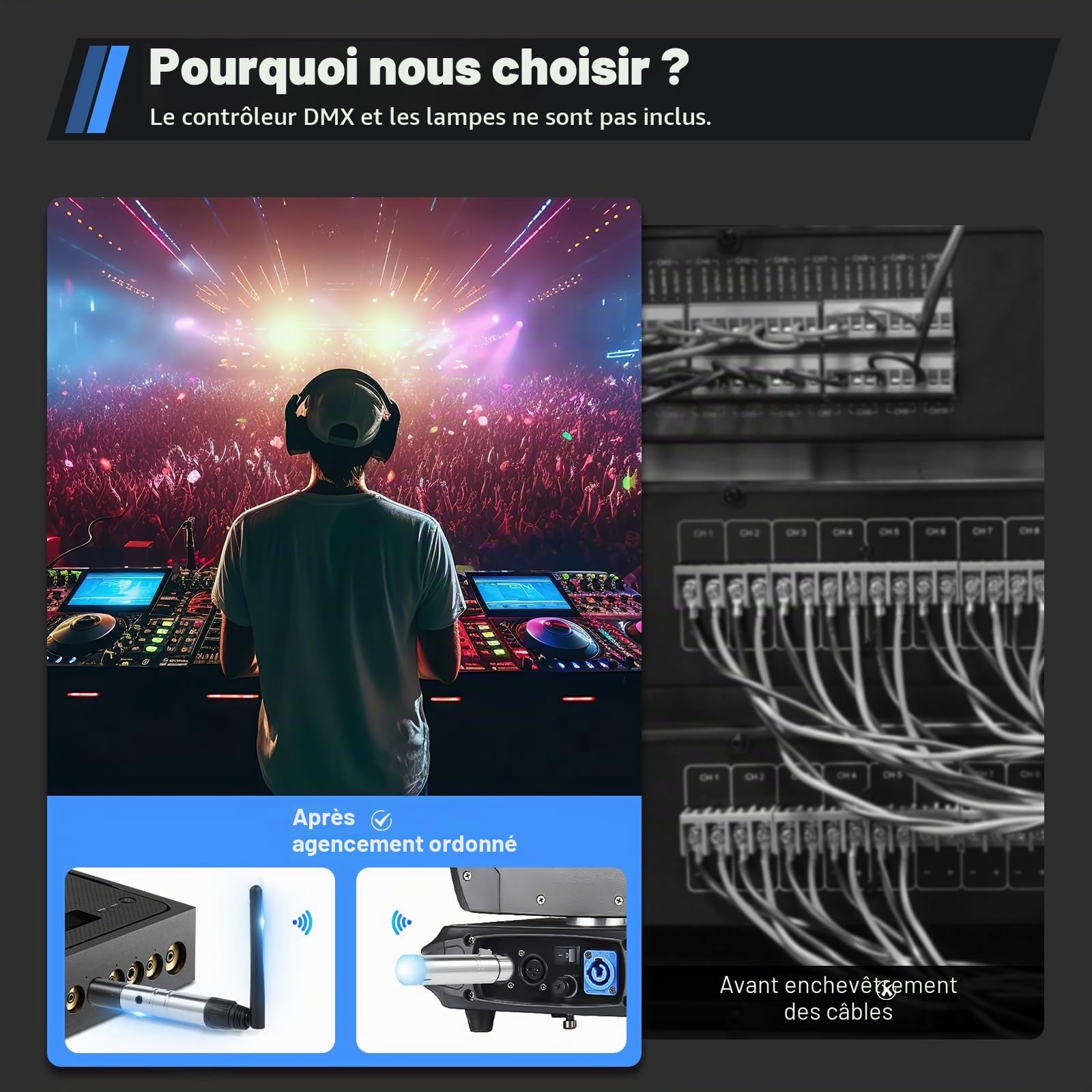 DMX512 Transmetteur avec 7 récepteurs, contrôleur DMX sans fil 2,4 G ISM, éclairage LED, contrôleur de lumière DMX sans fil, effets de lumière de signal, contrôle sans fil pour DJ LED sur scène, bar,