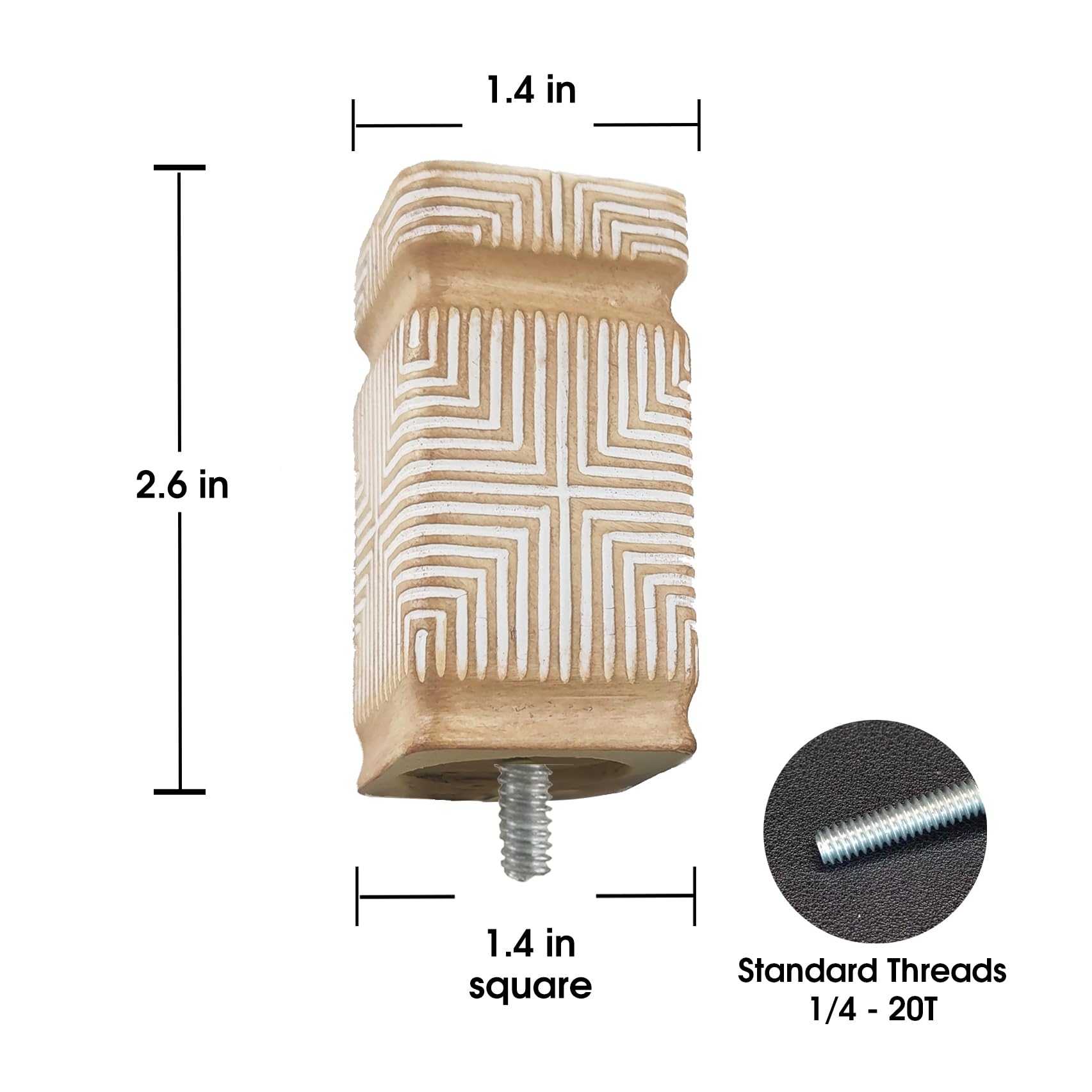 SKYPLUS LIVING Decorative Curtain Rod Finials, Polyresin Square Beige Carved Finials, Set of 2, Compatible with 1 inch Diameter Curtain Rod, Standalone Finial Pair