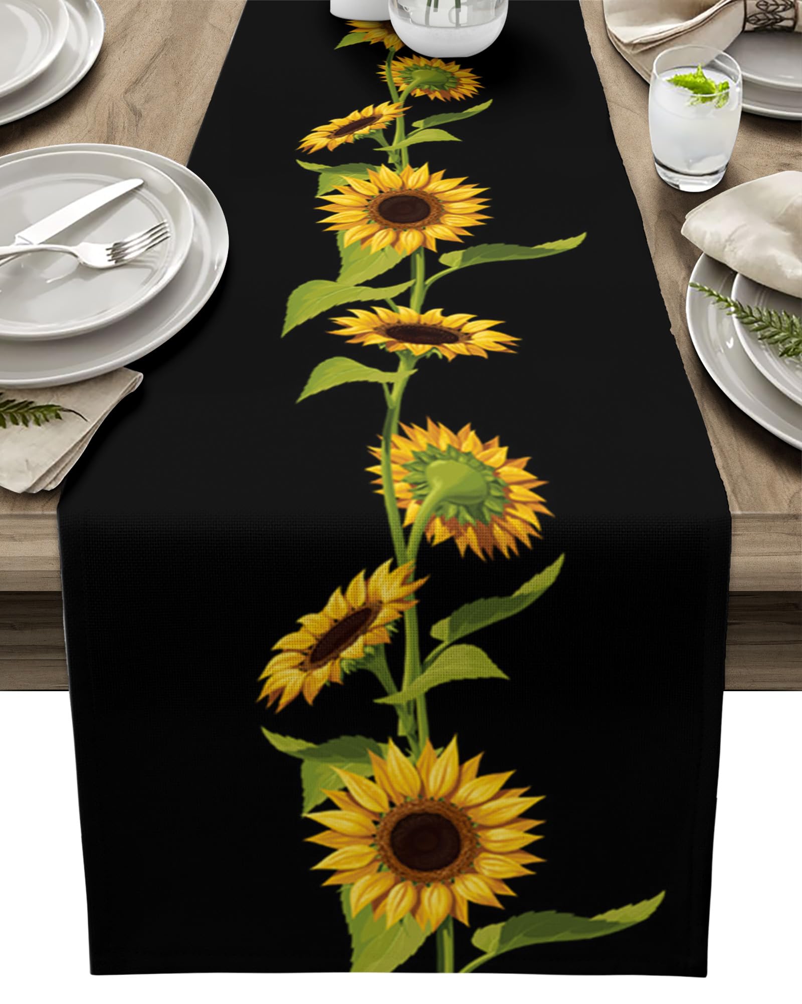 Table Runner Sunflowers Pattern Table Runners Summer Floral Black Background Table Cloth Kitchen Dining Table Decorations for Home Party Decor, 13x72