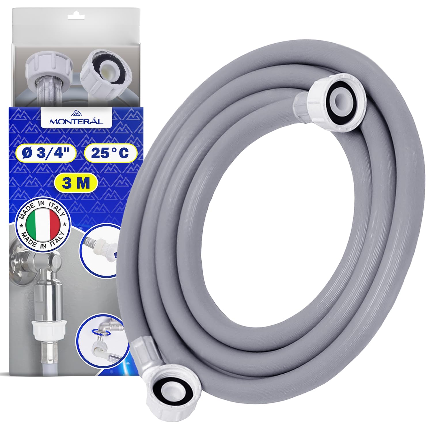 Manguera Lavadora y Lavavajillas 3 m para Entrada Agua para Temperaturas de hasta 25°C Presión de 20 a 60 Bar Conexión Recta y Ángulo Ø 3/4" - MADE IN ITALY - MONTERAL