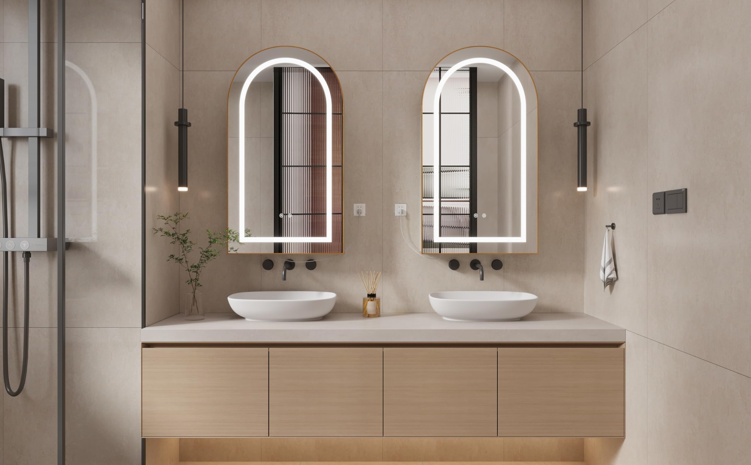 Specchio Bagno Contenitore con 3 Colori Luce e 1 AC/2 USB, Armadio Specchio Bagno con Deumidificazione con 1 Tocco e Funzione di Memoria(Oro Bianco)