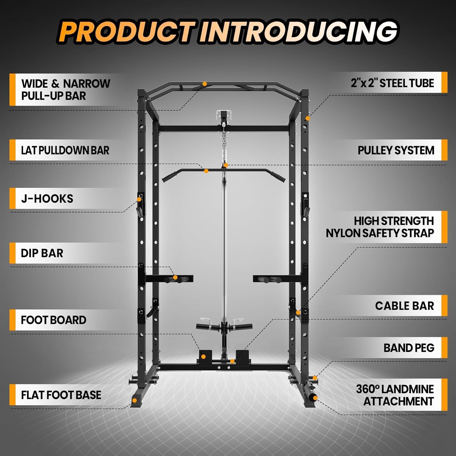 Power Cage with LAT Pulldown, 1600LBS Multi-Functional Home Gym Squat Rack with Cable Pulley System, Dip Bars & Landmine Attachment